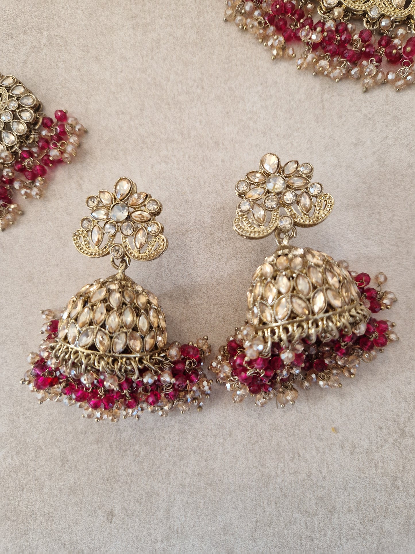 HAMARA- Beautiful Indian Party Wear Set. Necklace, Earrings, Tikka & Jhumar (Passa) - BOLD PINK