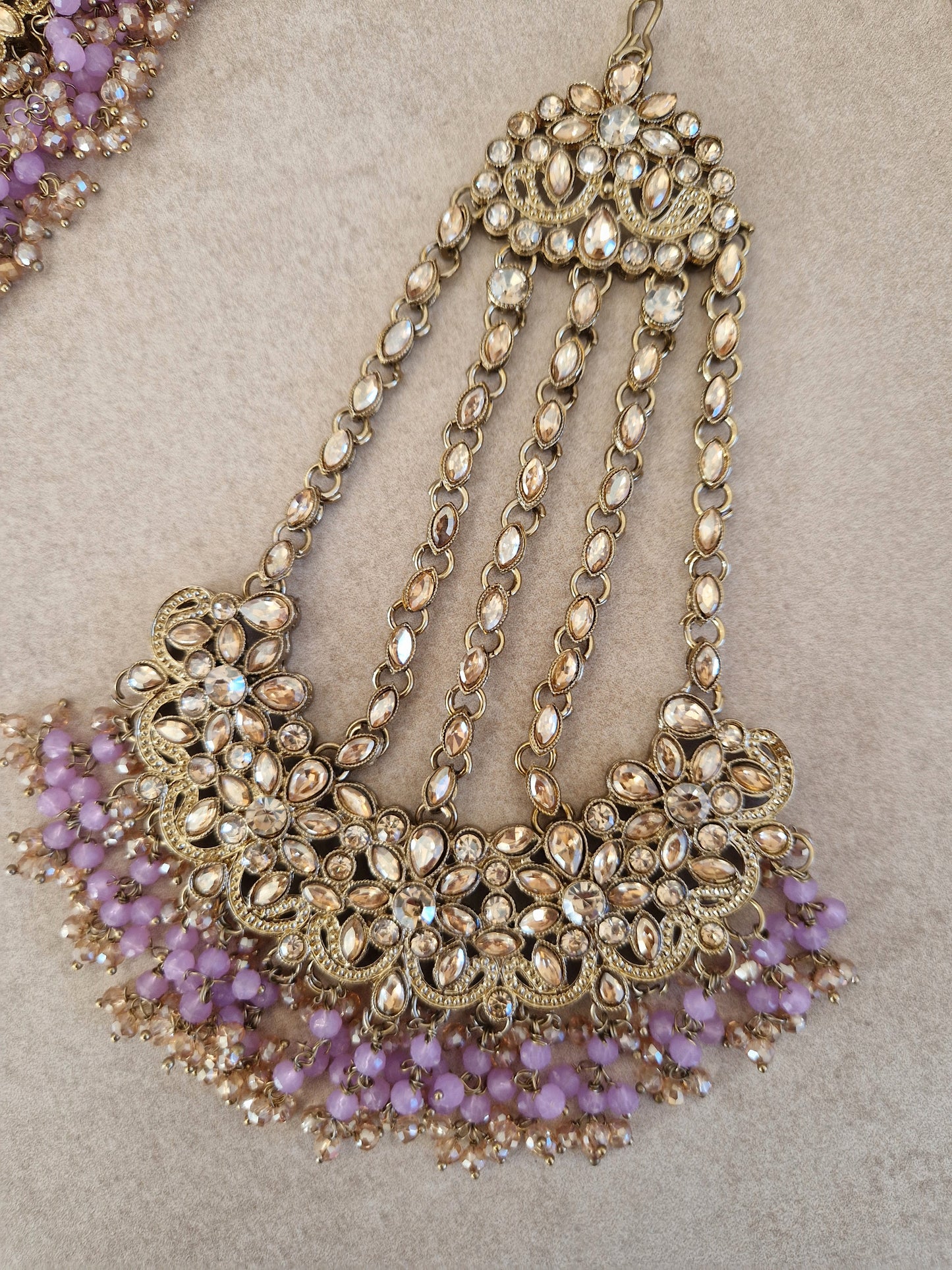 HAMARA- Beautiful Indian Party Wear Set. Necklace, Earrings, Tikka & Jhumar (Passa) - LILAC