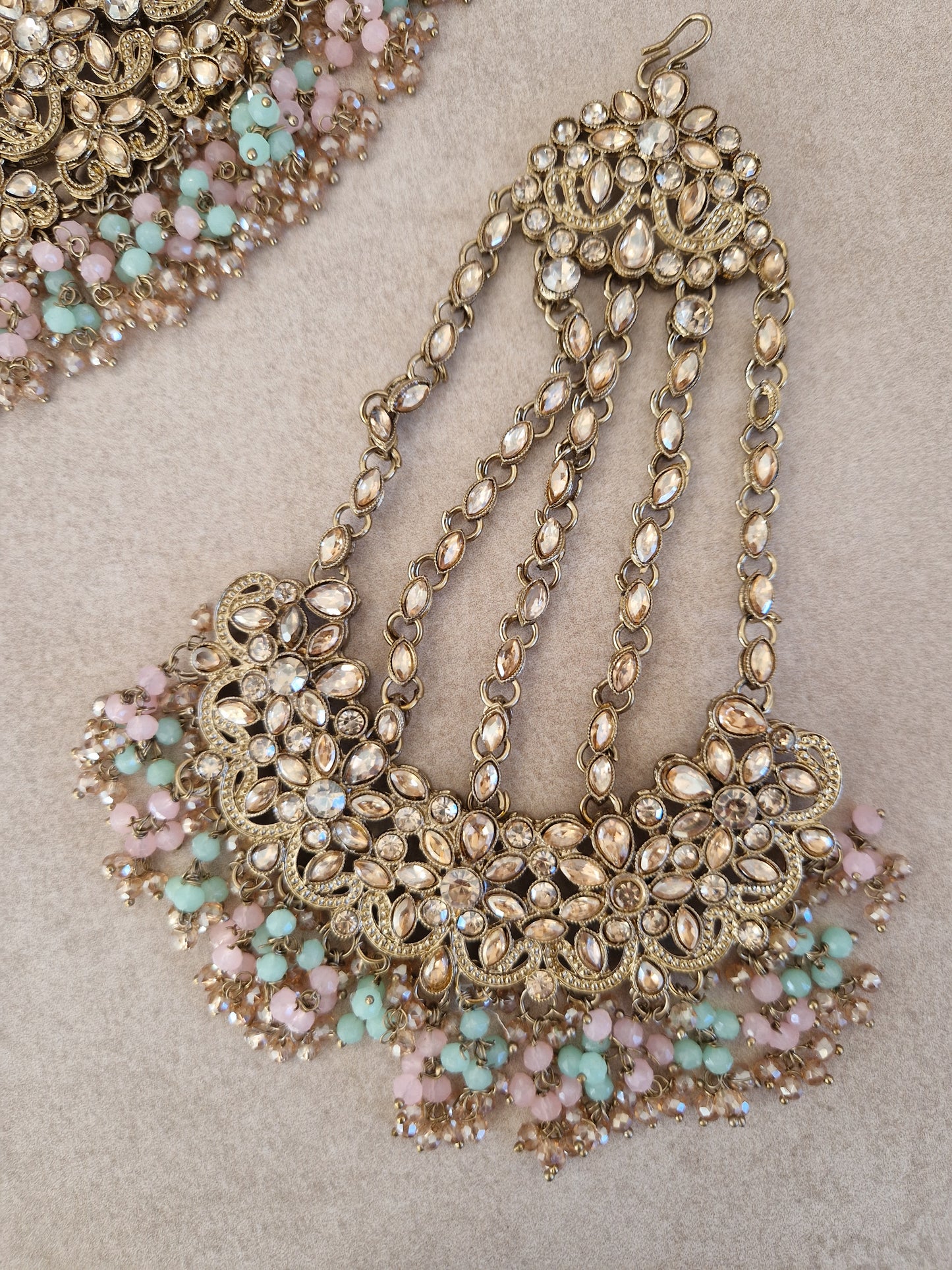 HAMARA- Beautiful Indian Party Wear Set. Necklace, Earrings, Tikka & Jhumar (Passa) - MINT & BABY PINK