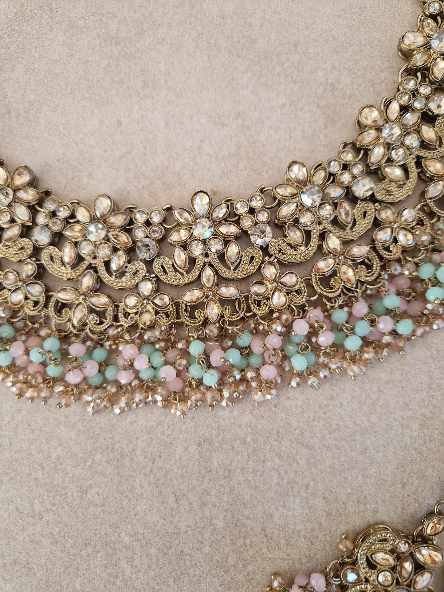 HAMARA- Beautiful Indian Party Wear Set. Necklace, Earrings, Tikka & Jhumar (Passa) - MINT & BABY PINK