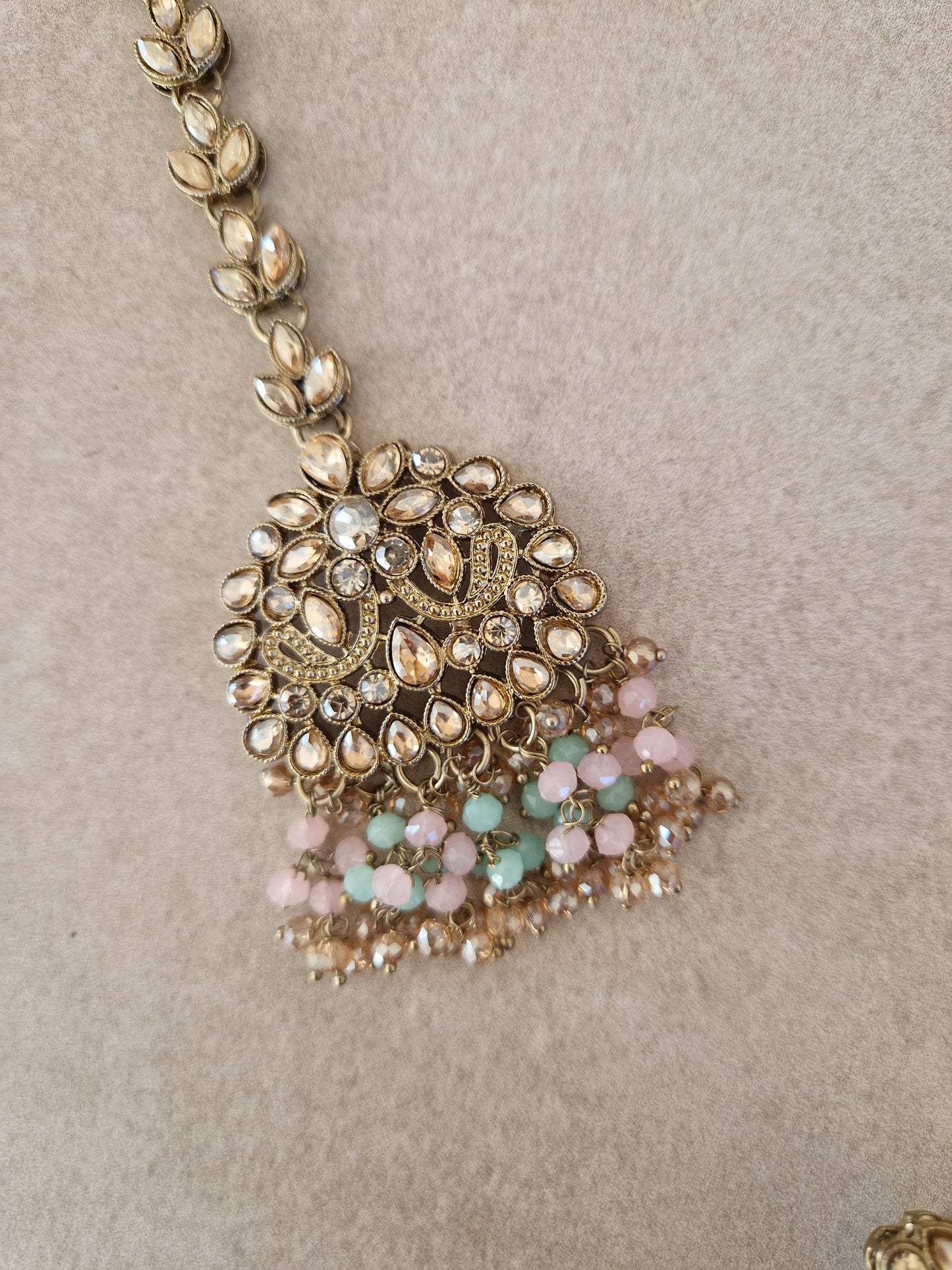 HAMARA- Beautiful Indian Party Wear Set. Necklace, Earrings, Tikka & Jhumar (Passa) - MINT & BABY PINK