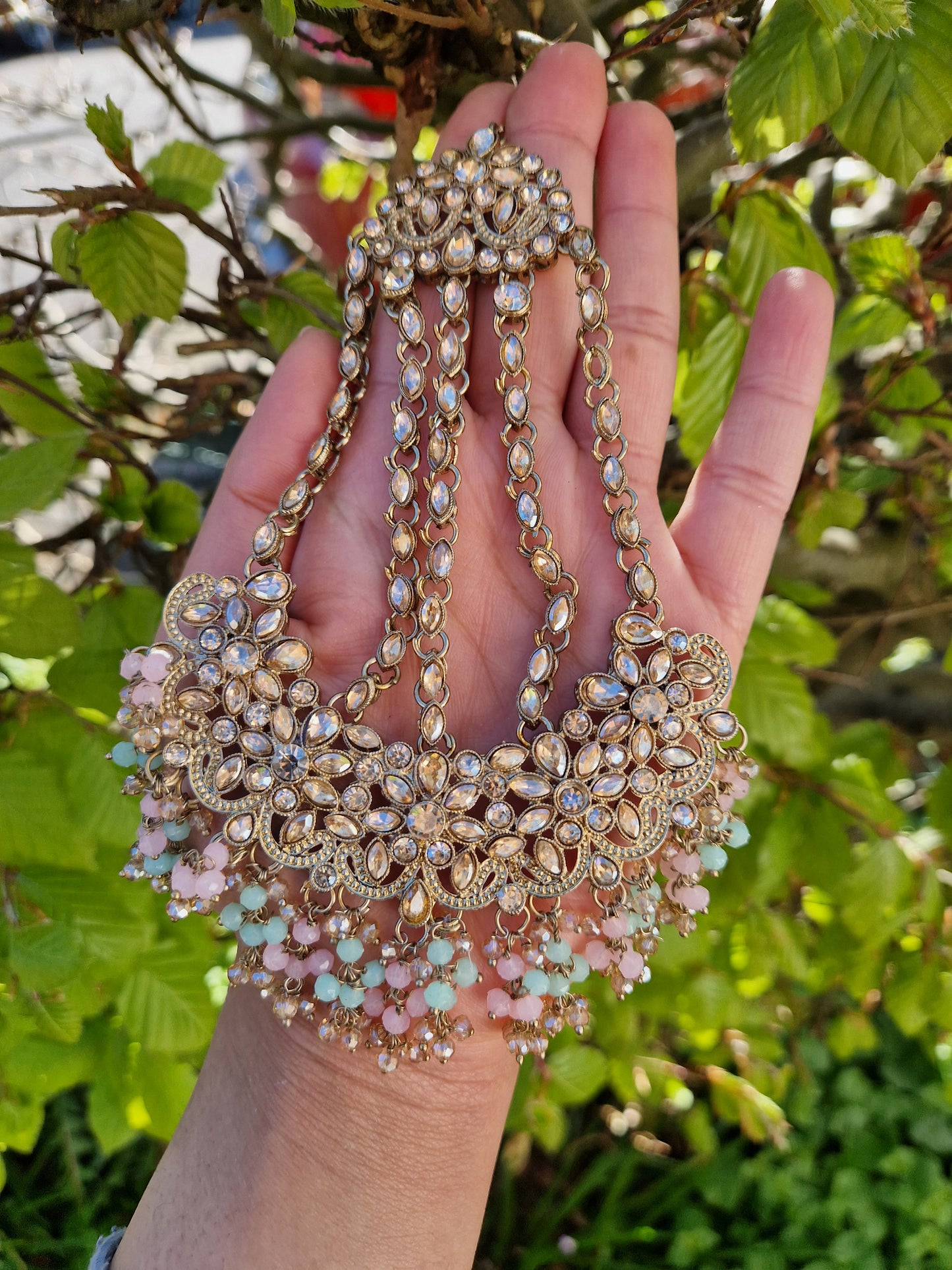 HAMARA- Beautiful Indian Party Wear Set. Necklace, Earrings, Tikka & Jhumar (Passa) - MINT & BABY PINK