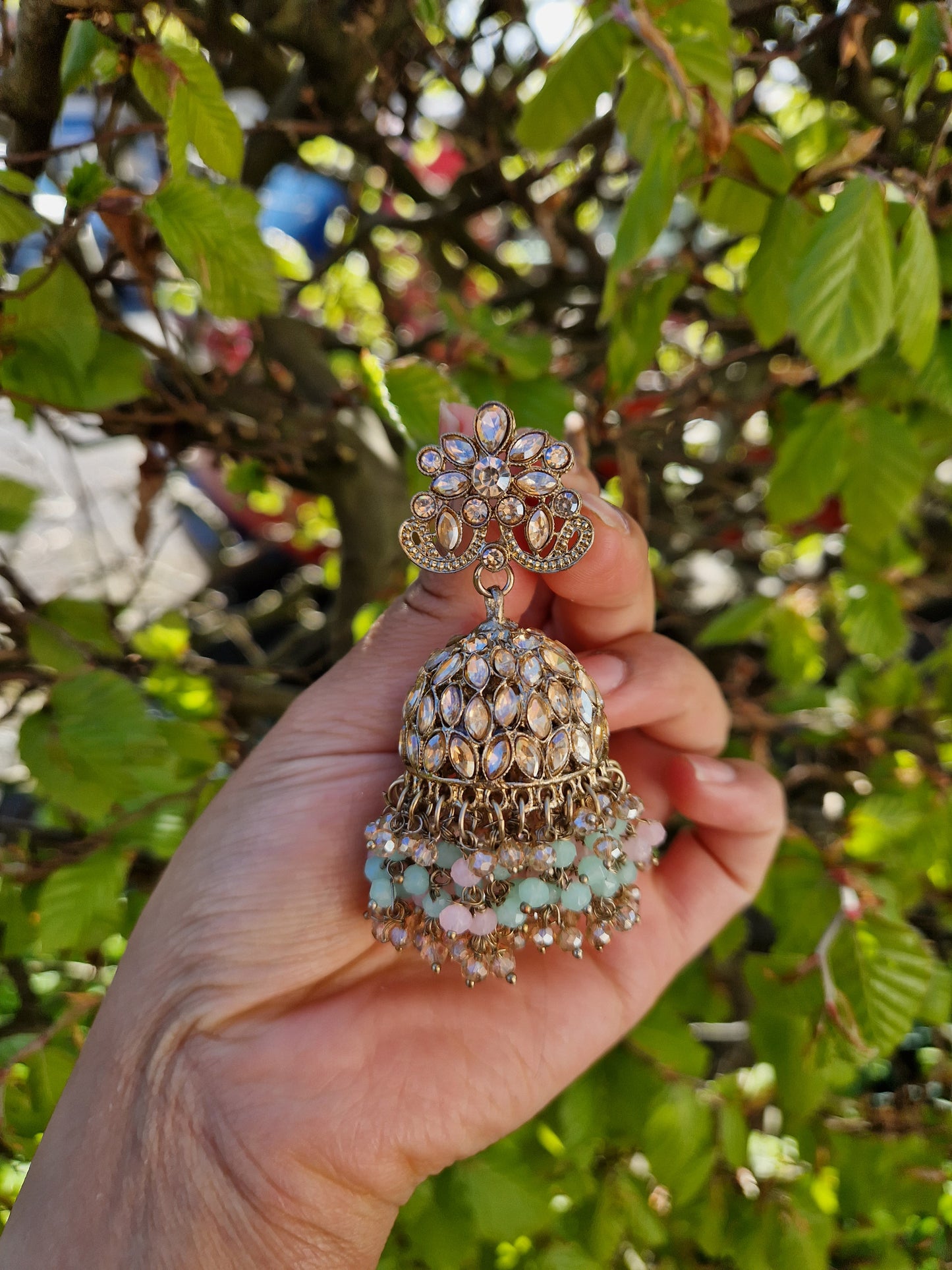 HAMARA- Beautiful Indian Party Wear Set. Necklace, Earrings, Tikka & Jhumar (Passa) - MINT & BABY PINK