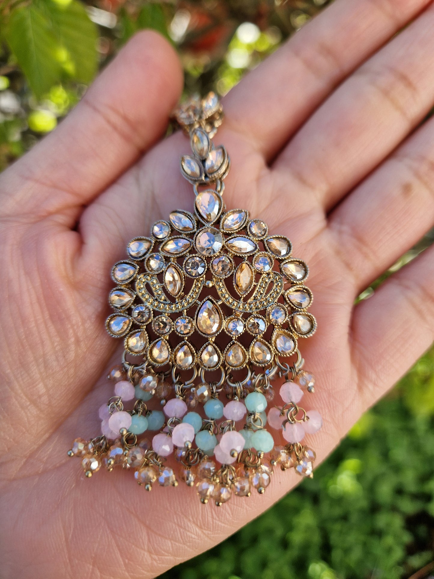 HAMARA- Beautiful Indian Party Wear Set. Necklace, Earrings, Tikka & Jhumar (Passa) - MINT & BABY PINK