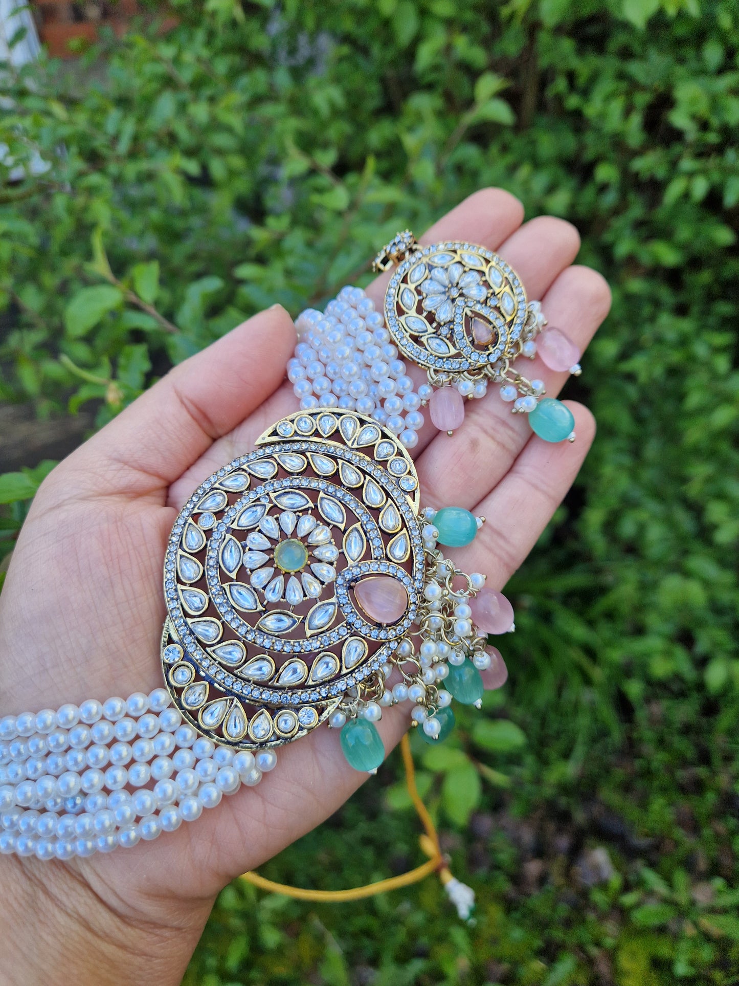 RUMI- Indian Victorian Polish Choker Set- MINT & PINK