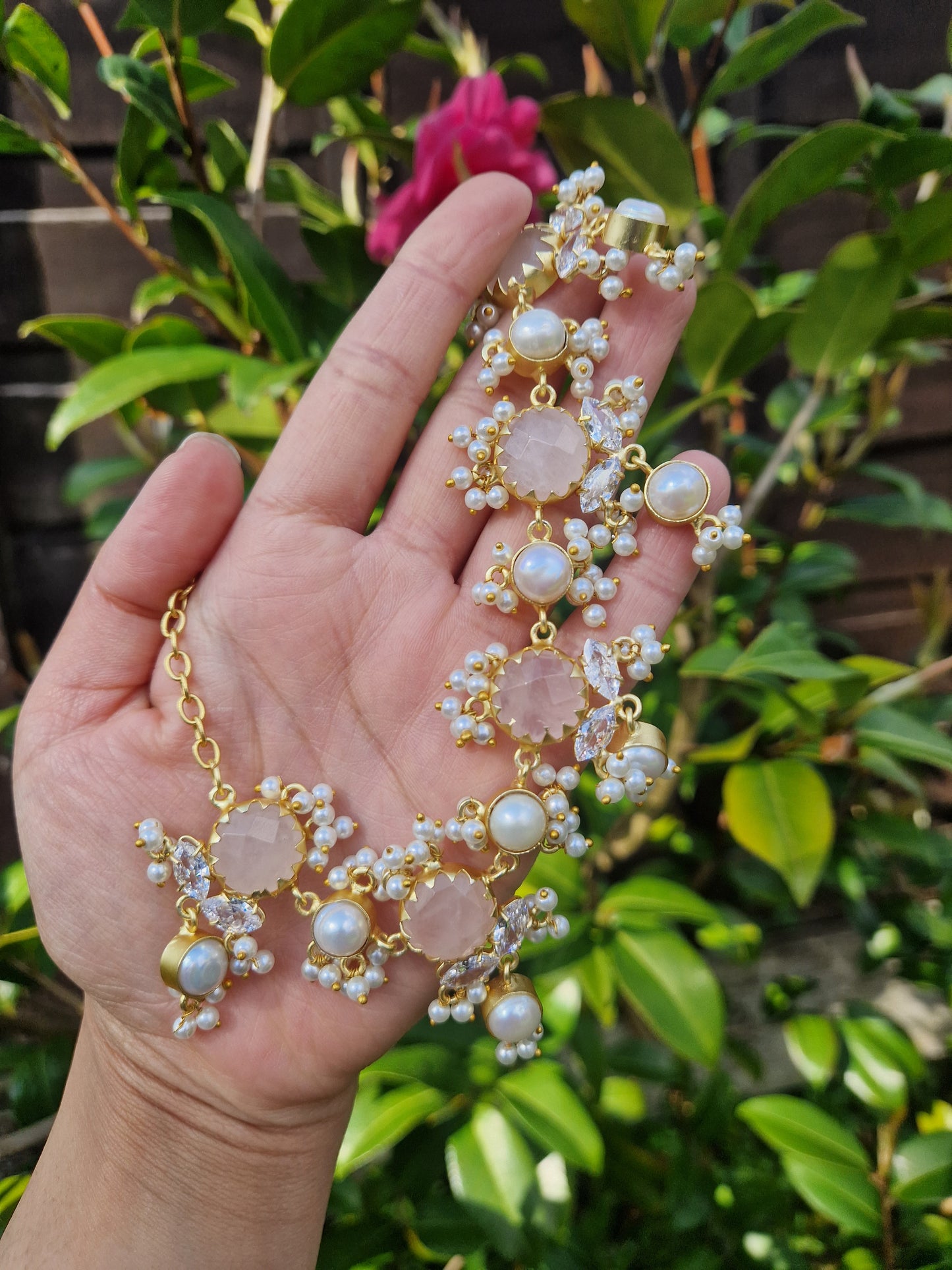 NOORYA-  Small Beautiful Elegant Premium Fresh water Pearls Set and Rose Quartz.