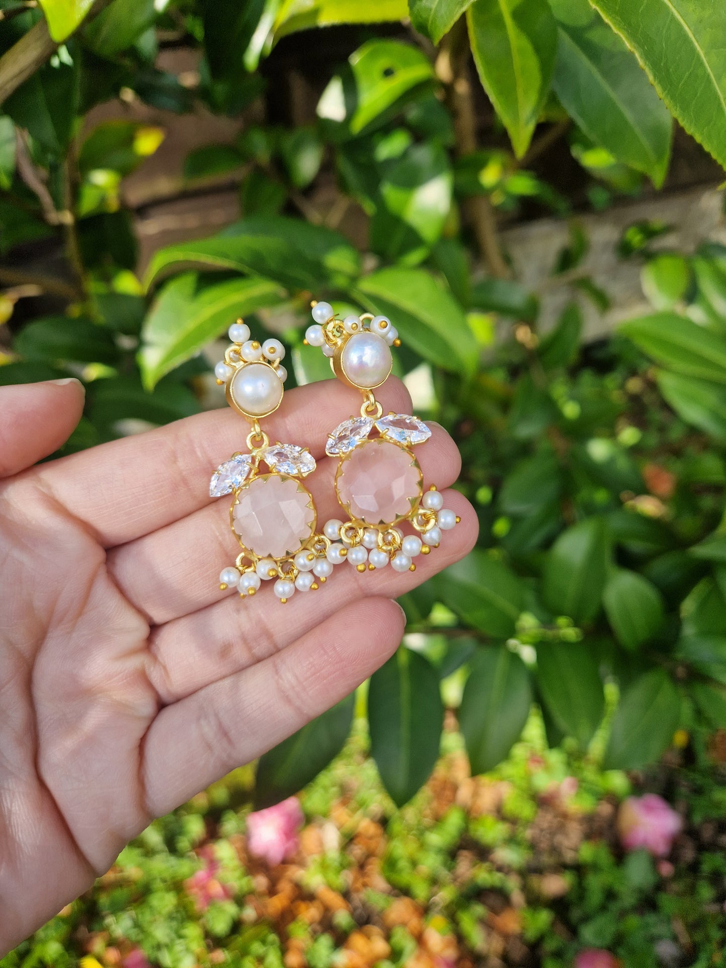 NOORYA-  Small Beautiful Elegant Premium Fresh water Pearls Set and Rose Quartz.