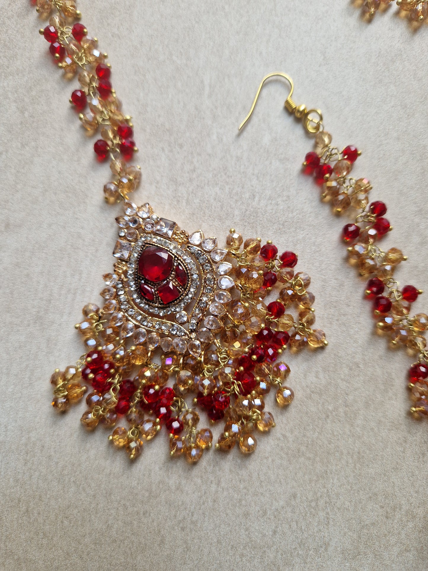 ZAIRAH  -Pakistani Jhumka with Saharas and Tikka Set -  RED/MAROON AND GOLD
