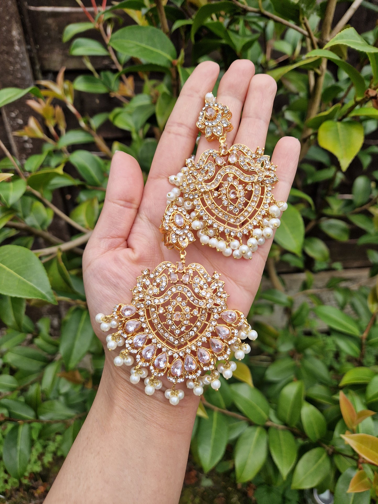 SADIA-  Elegant Stunning Earring & Tikka Set- Clear & GOLD pearls