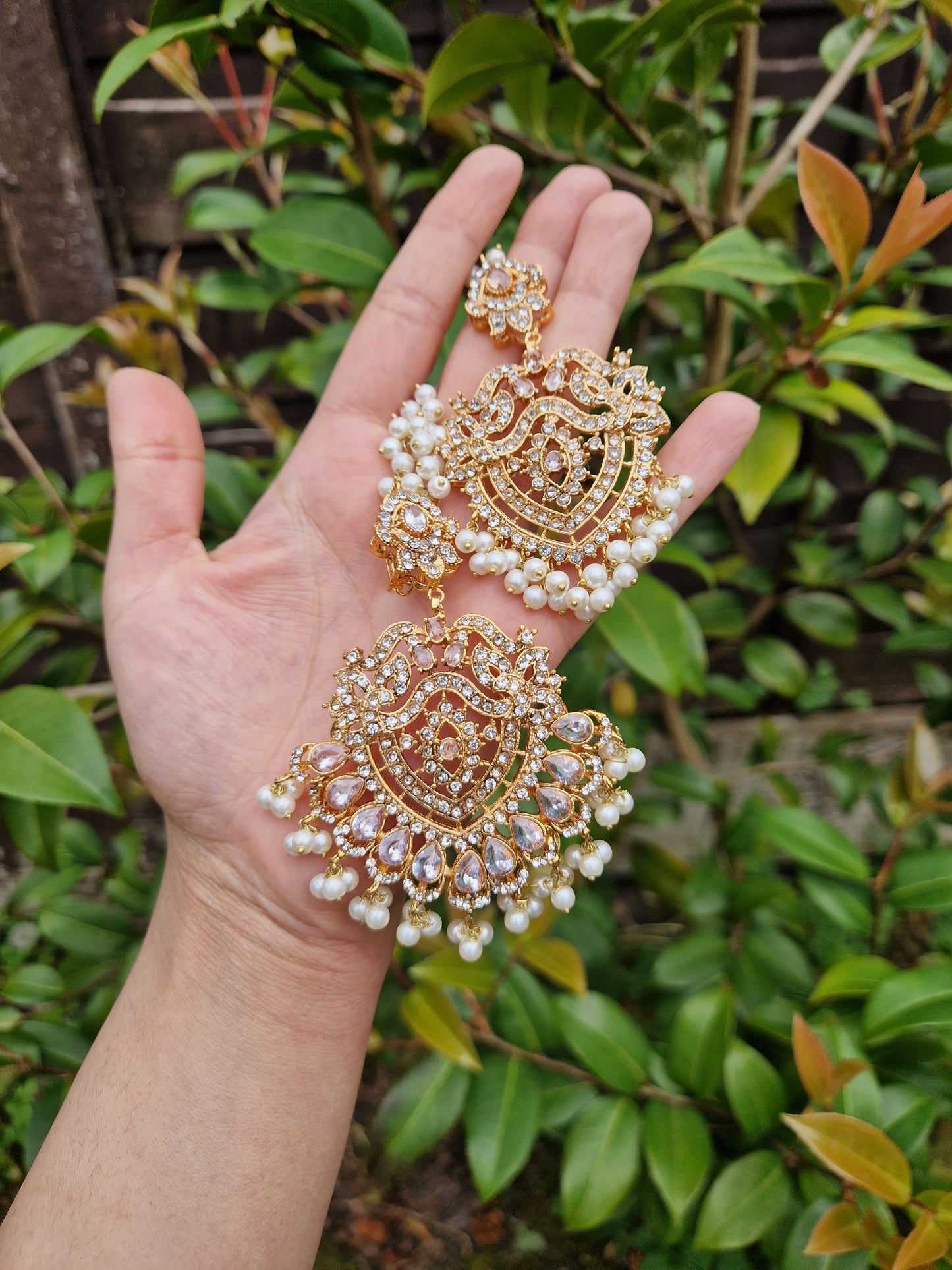 SADIA-  Elegant Stunning Earring & Tikka Set- Clear & GOLD pearls