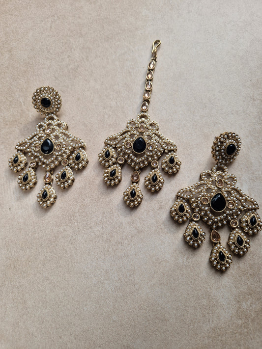 FATIMA - Elegant Pearl Indian Tikka and Earring Set - BLACK