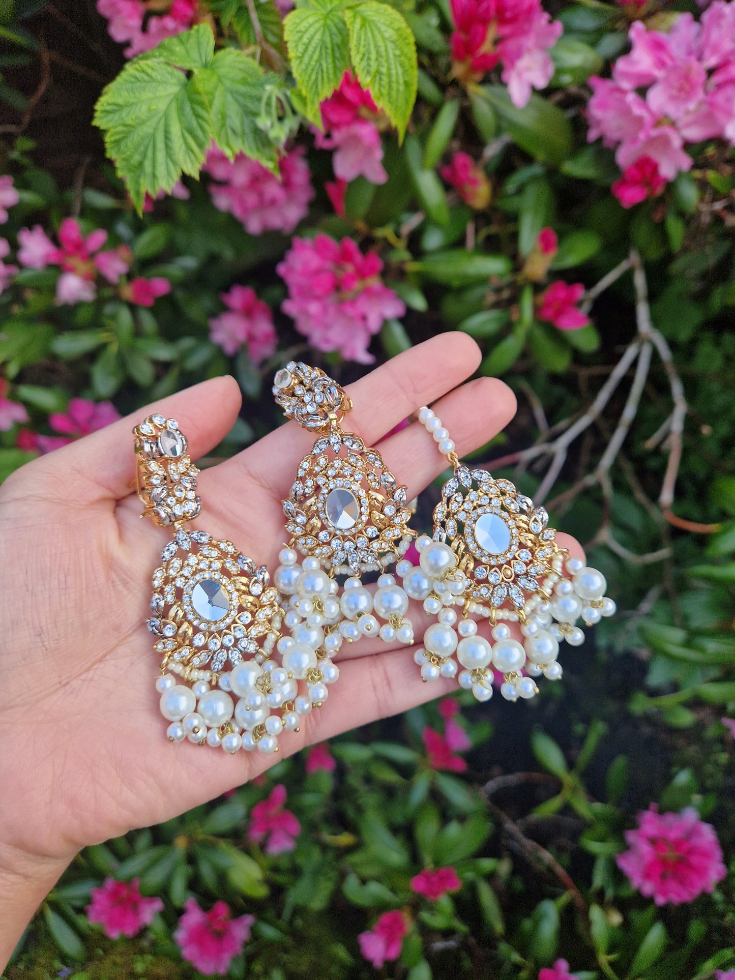 Elegant - Two toned Earrings & Tikka * CLEARANCE* Faux Pearl