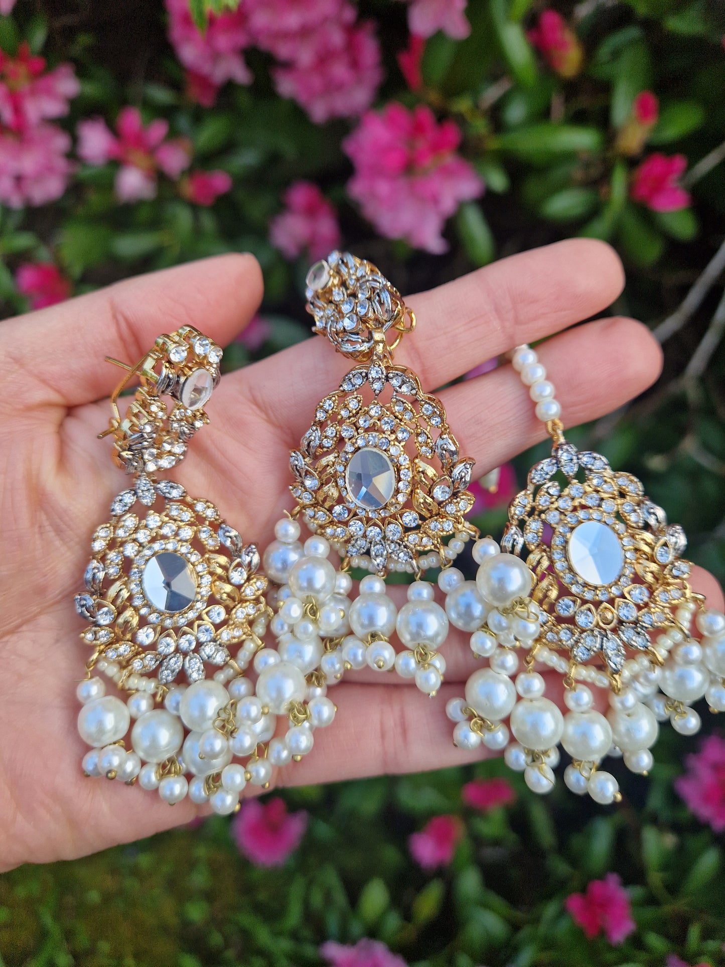 Elegant - Two toned Earrings & Tikka * CLEARANCE* Faux Pearl
