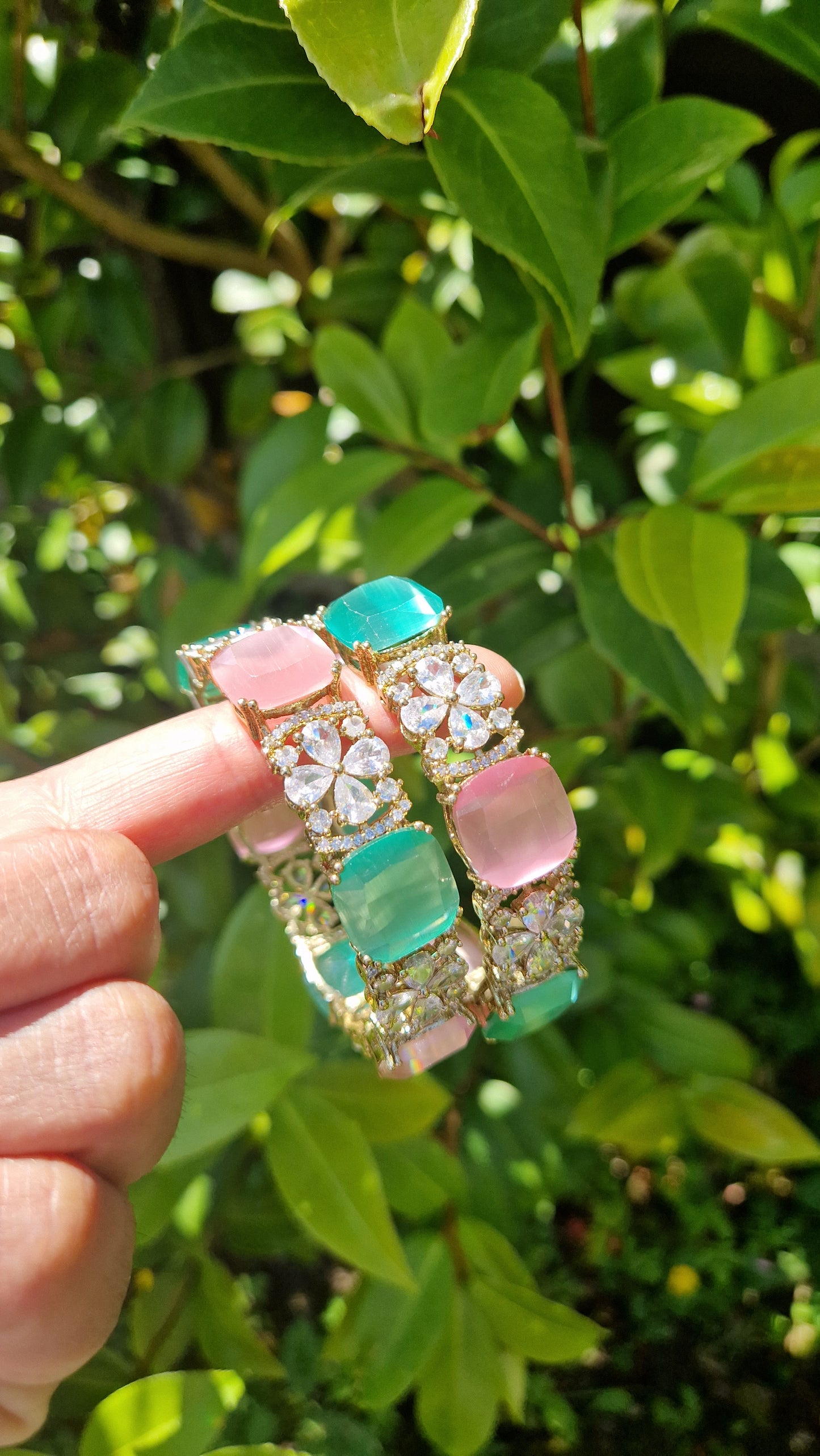 SALEEMA - *Premium* American Diamond and Indian Monalisa Bangles - Mint and Pink
