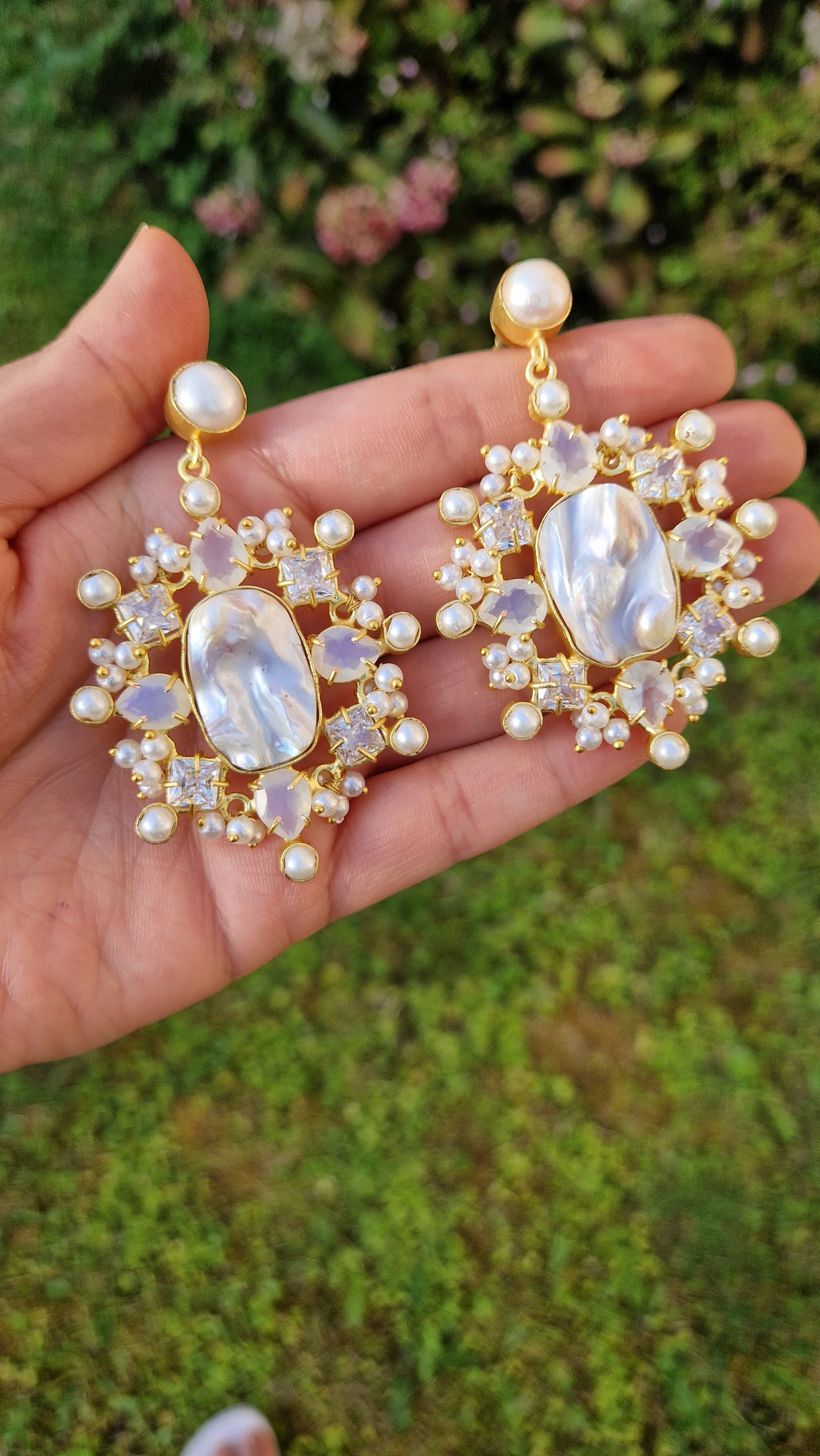 WAFA - *Premium* Small Earrings- Fresh water Pearls and Opalite Nageena