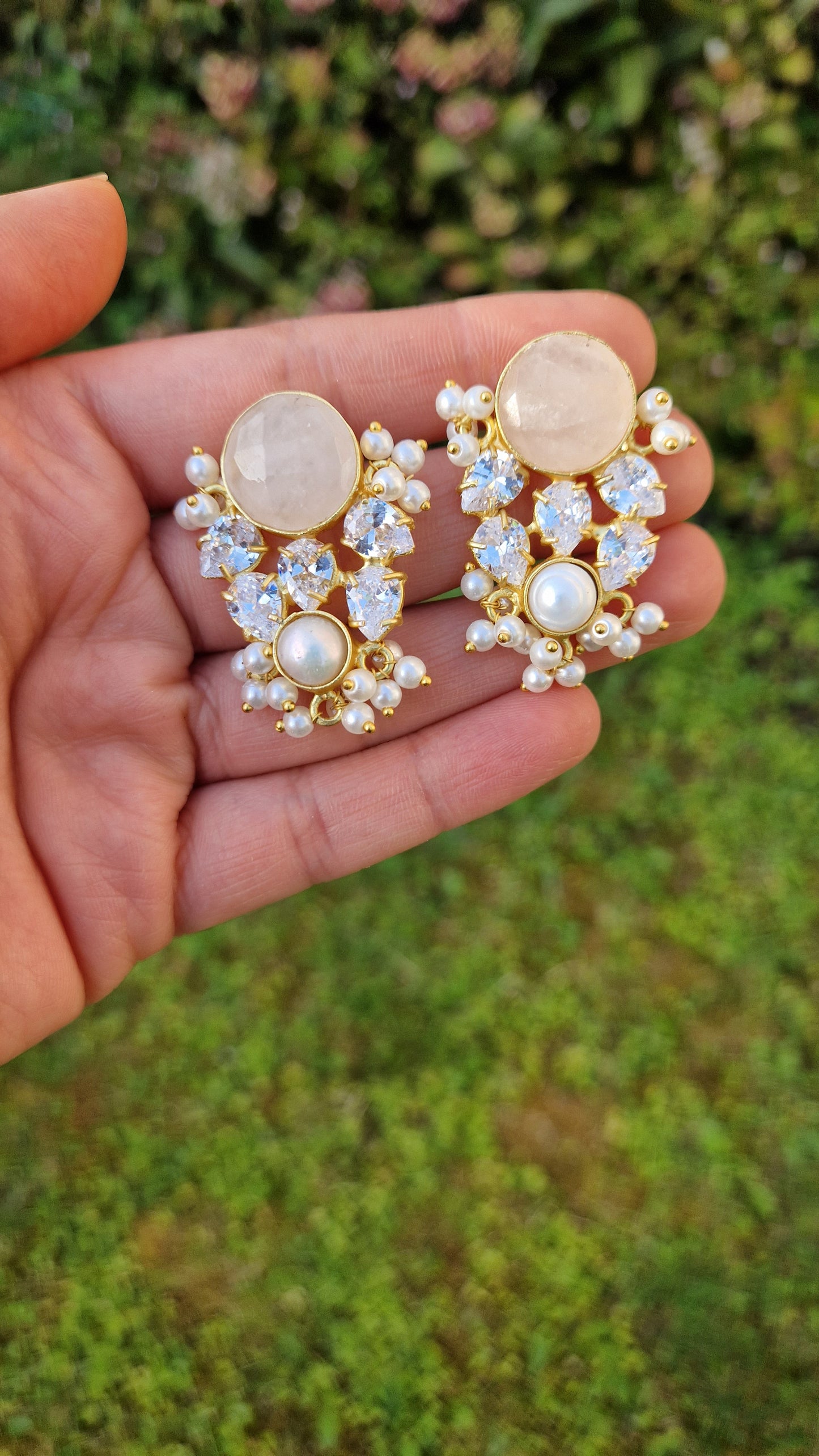 AMIRAH *Premium*  Stud Earrings- Rose Quartz and Fresh Water Pearls