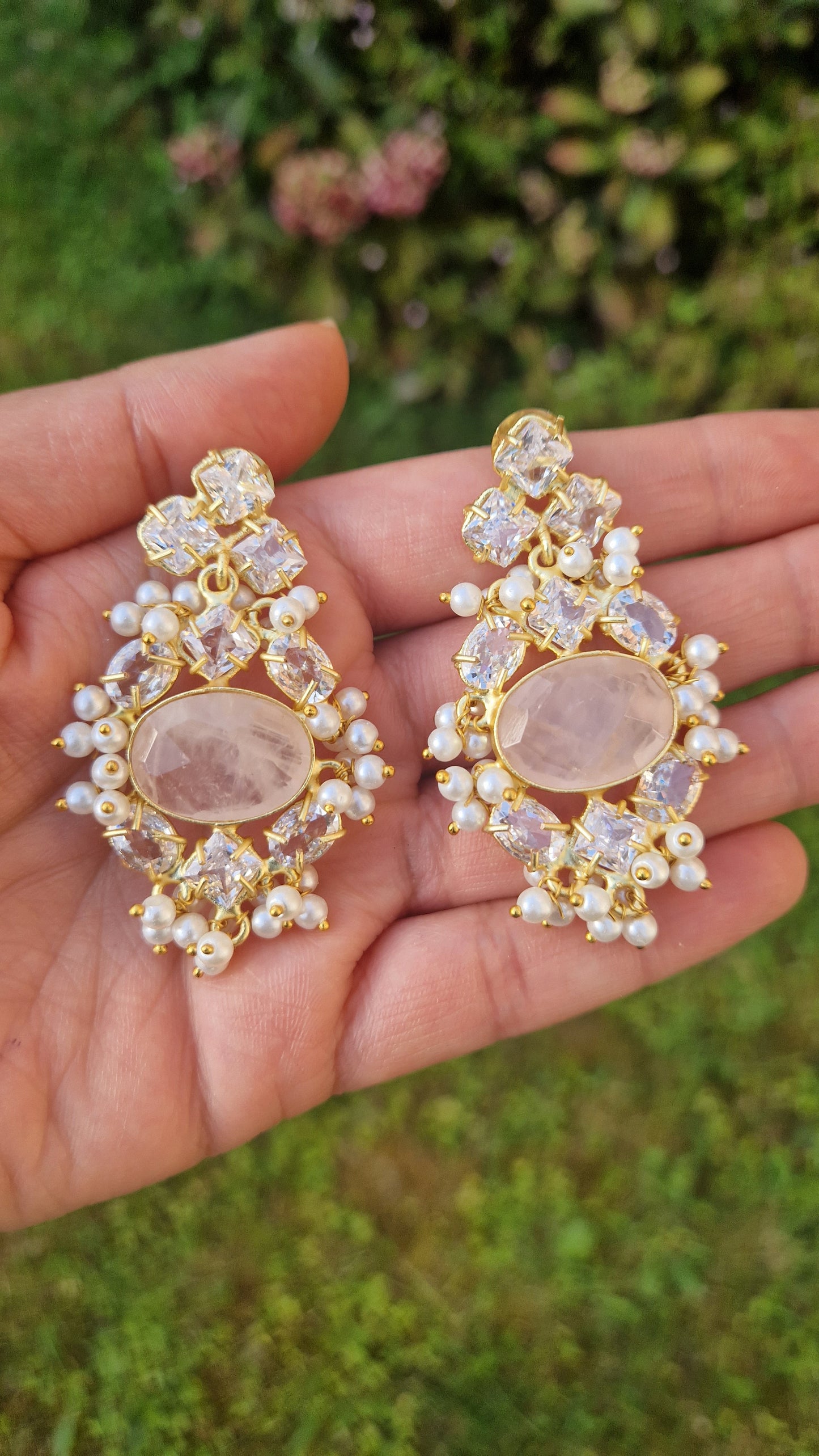 MUNIRA- *Premium*  Earrings- Fresh water Pearls and Rose Quartz (