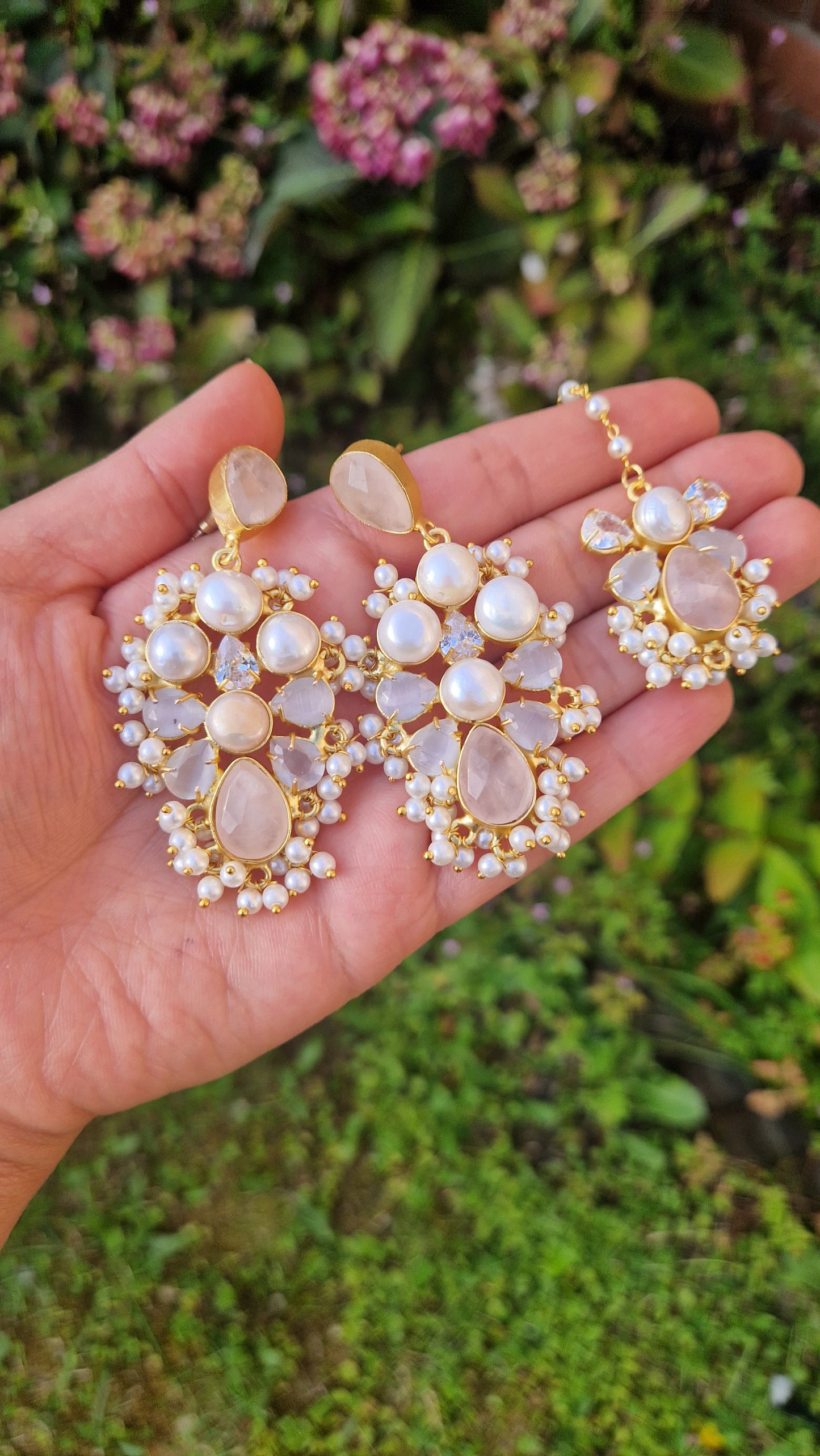 KULSUM * Premium* Fresh water pearls Earrings Tikka and Set - Rose Quartz & Grey/Lavender