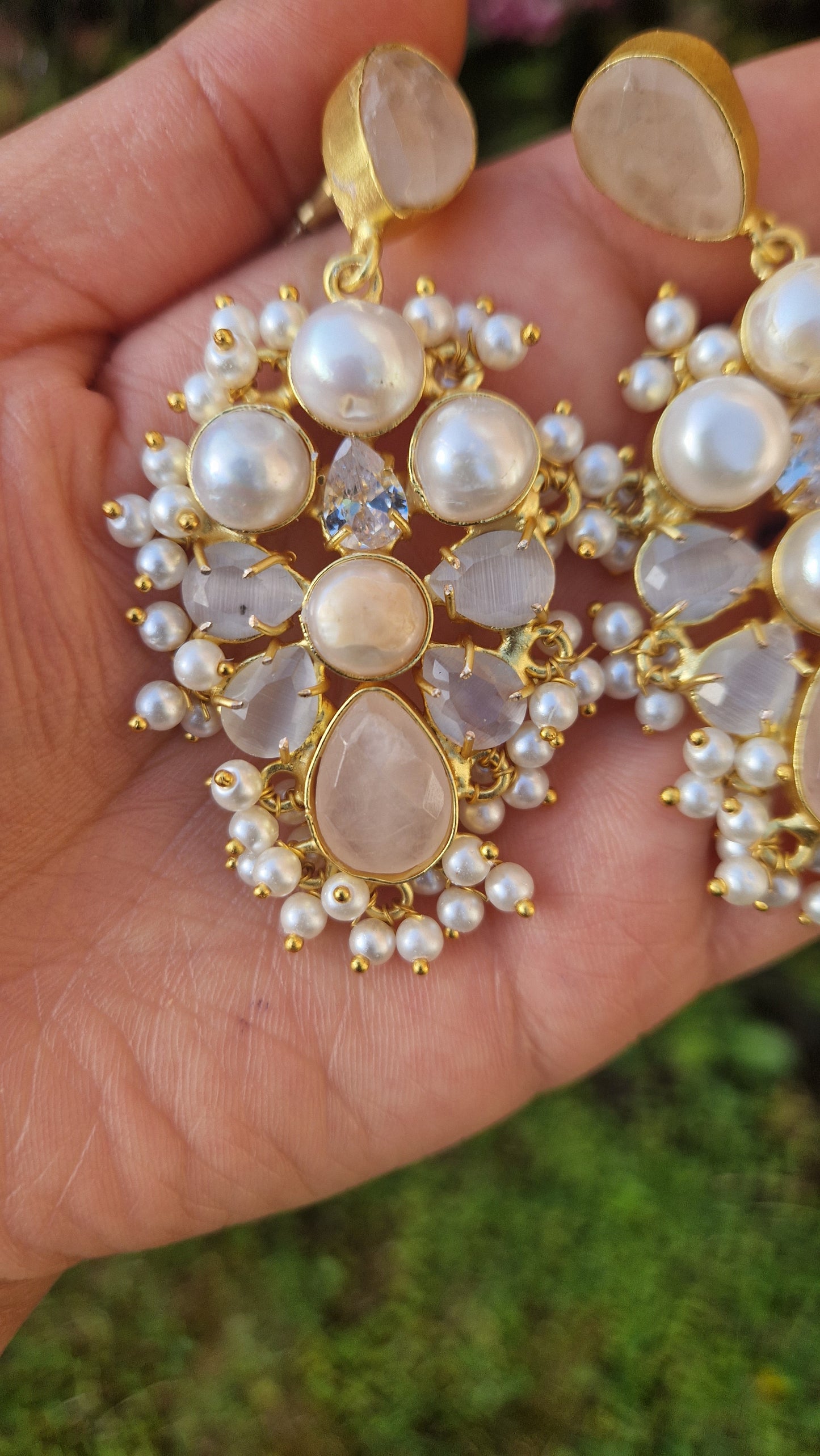 KULSUM * Premium* Fresh water pearls Earrings Tikka and Set - Rose Quartz & Grey/Lavender