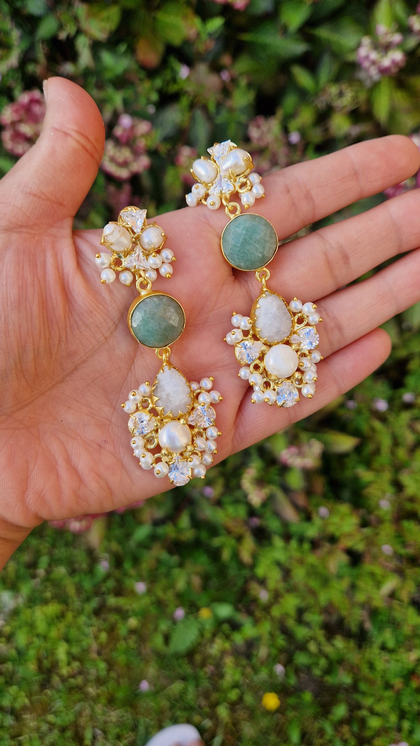 TAMARA * PREMIUM*  Authentic Fresh water Pearls, Semi precious Gemstone Dangle Earrings