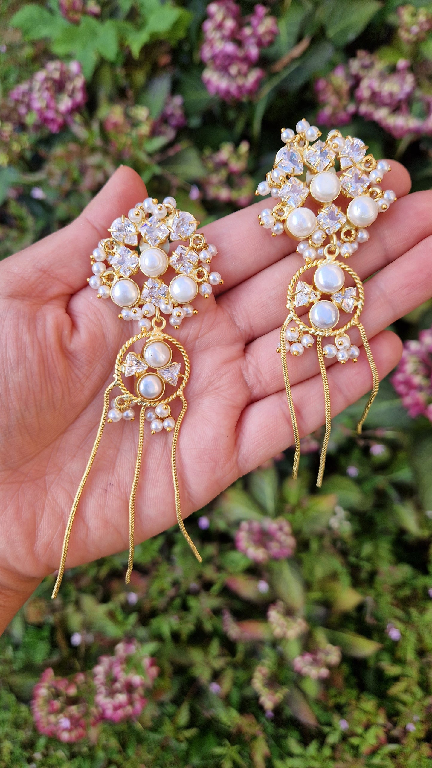 Falmeeda- *Premium*  Earrings- Golden Fresh water Pearls and Indian Crystal Dangling Earrings