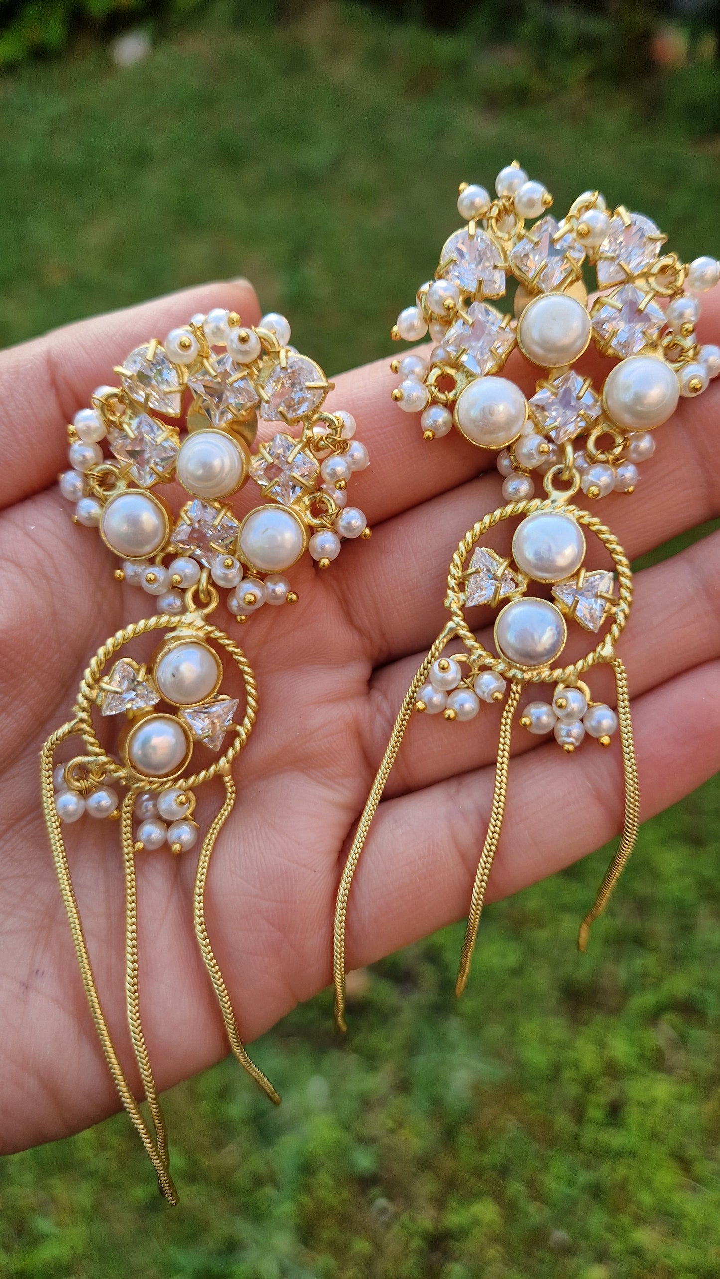 Falmeeda- *Premium*  Earrings- Golden Fresh water Pearls and Indian Crystal Dangling Earrings