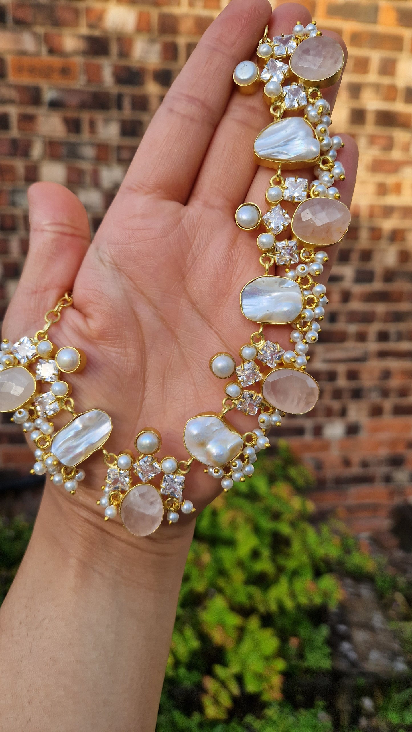 FALAK Small Beautiful Elegant *Premium* Mother of Pearl & -Rose Quartz & Pearl Main stone.