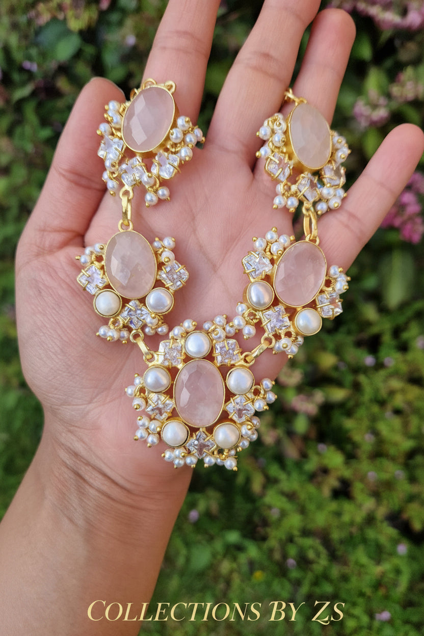 KANWAL - Small Beautiful Rose Quartz and Fresh water Pearls Jewellery Set