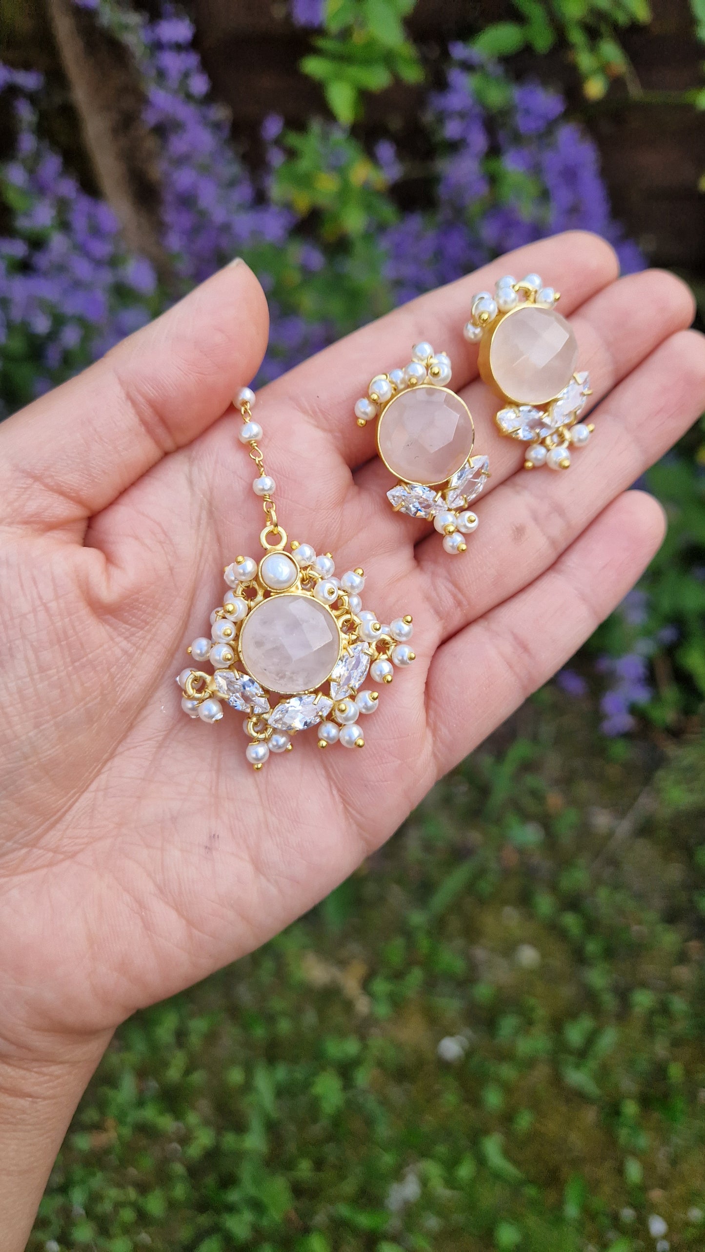 PALWASHA - *Premium* Small Dainty Beautiful Rose quartz and Fresh water Pearls Jewellery Set