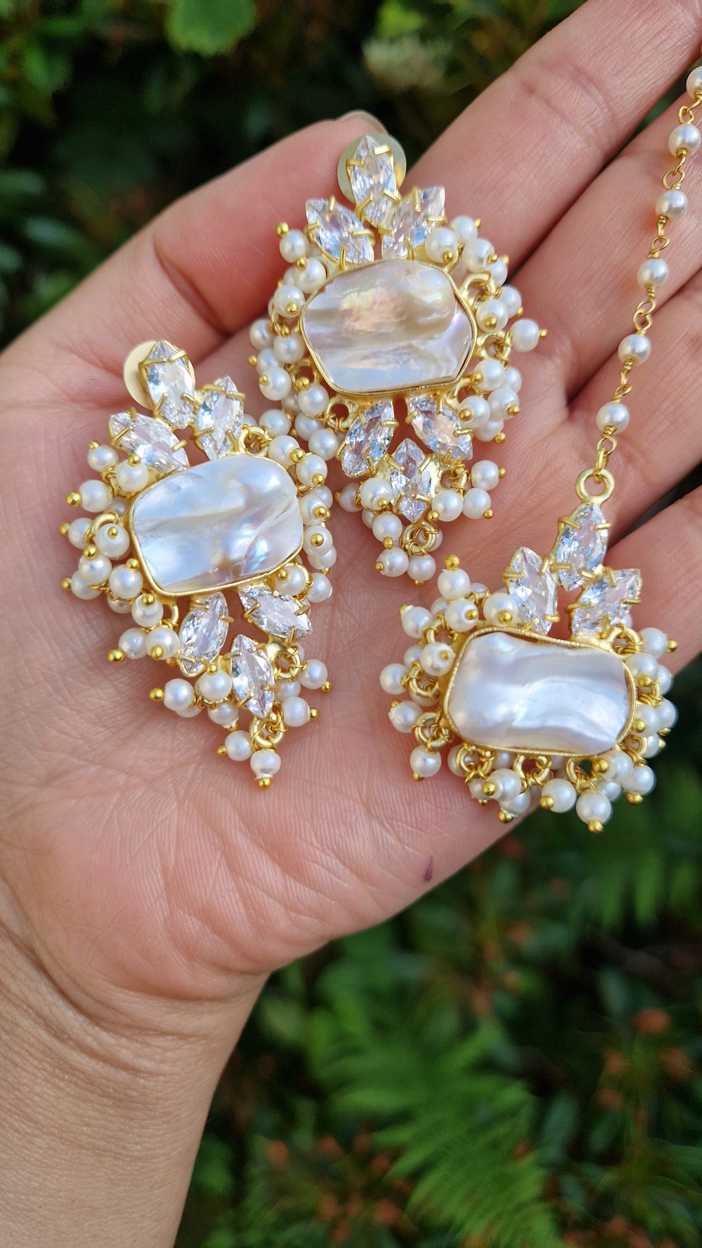 SHAKIRA- *Premium* Elegant Full Fresh Water Pearls and Crystal Mala, Earrings & Tikka Set