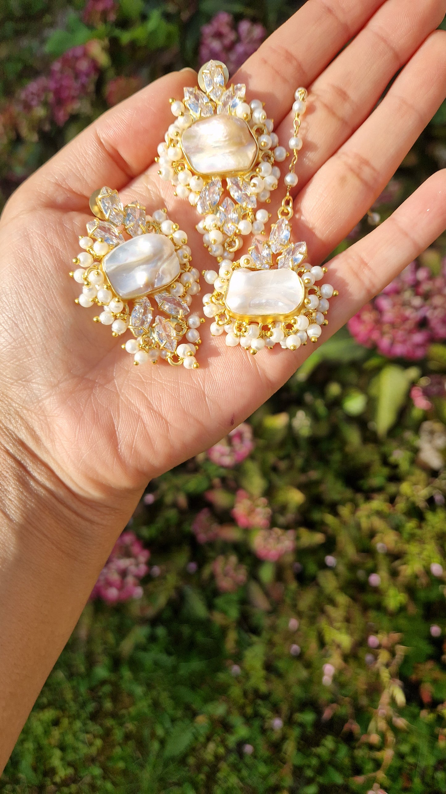 SHAKIRA- *Premium* Elegant Full Fresh Water Pearls and Crystal Mala, Earrings & Tikka Set