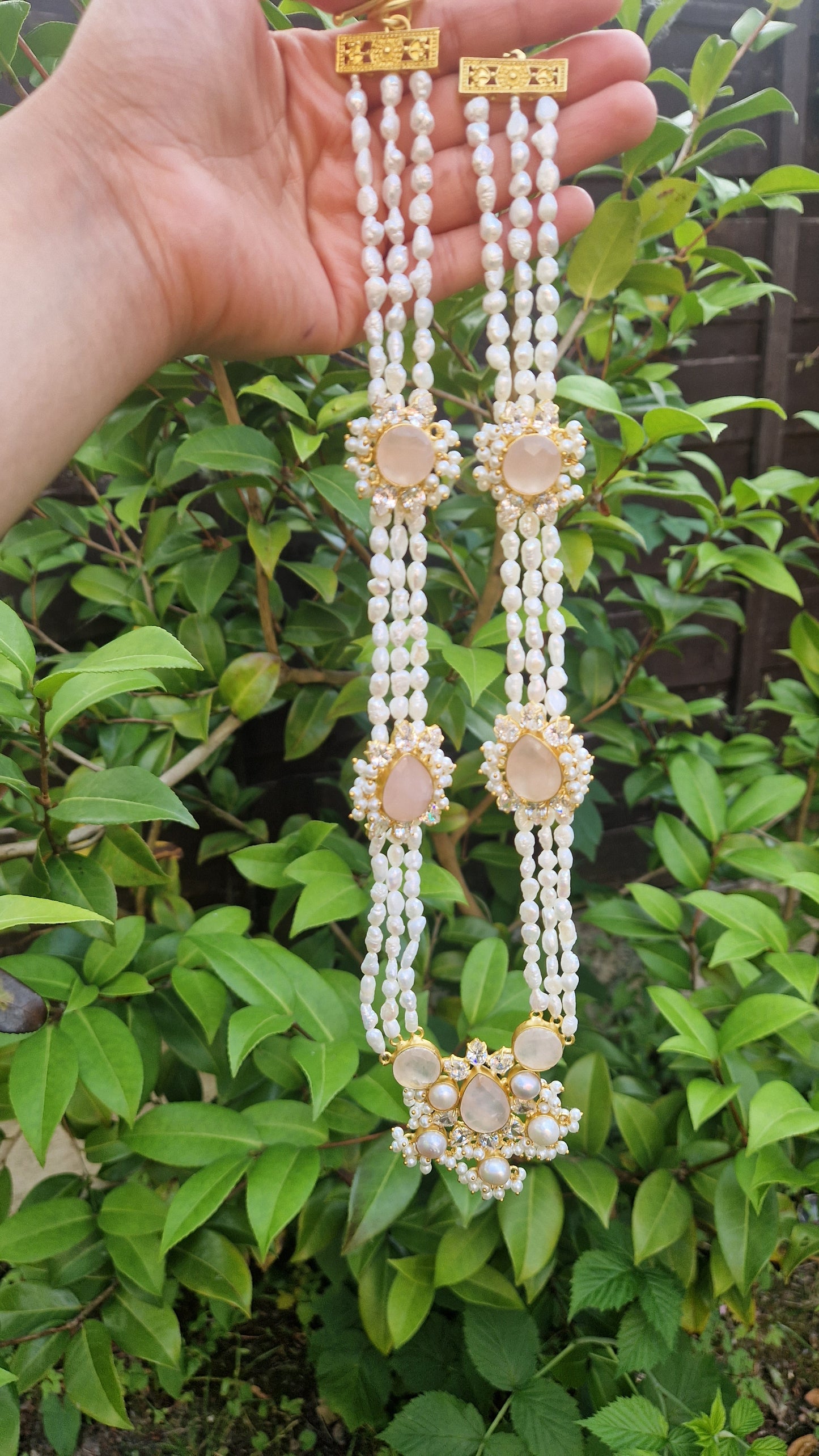 SABA  *Premium* Fresh Water Pearl and Semi Precious Mala Set - Rose Quartz