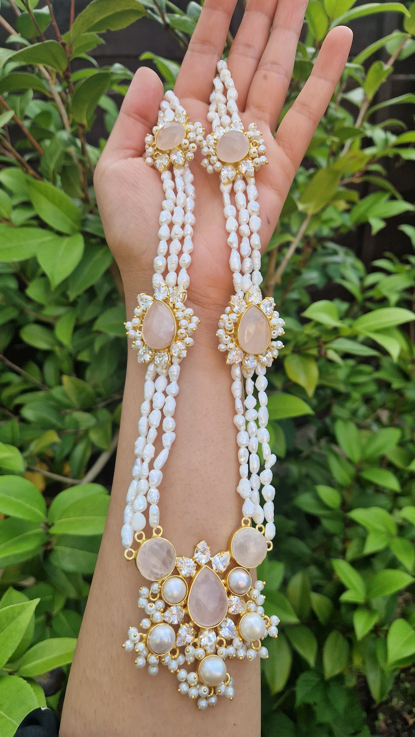 SABA  *Premium* Fresh Water Pearl and Semi Precious Mala Set - Rose Quartz