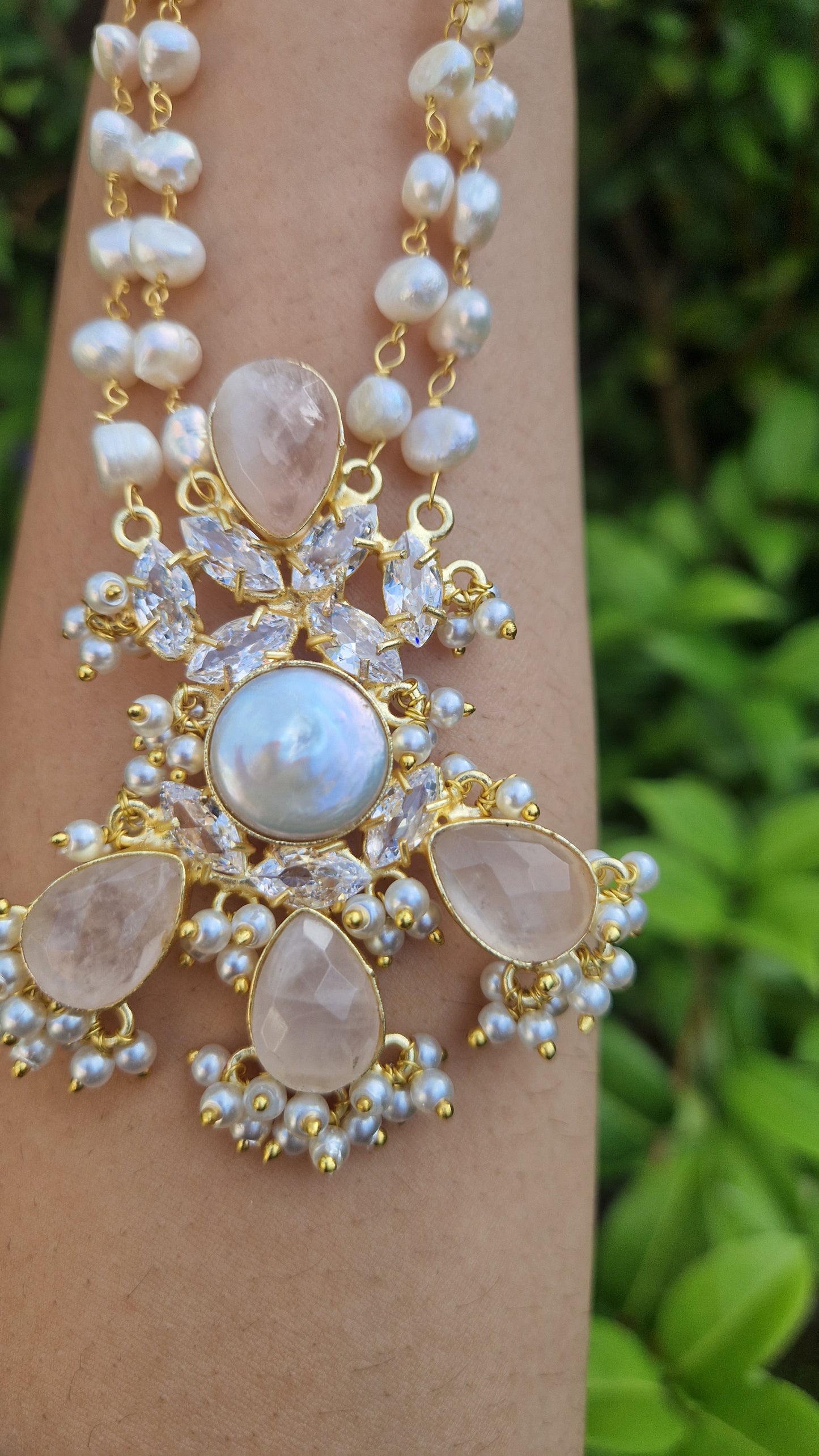 IFFAT *Premium* Small Elegant Full Fresh Water Pearls & Rose Quartz & Moonstone Mala Set