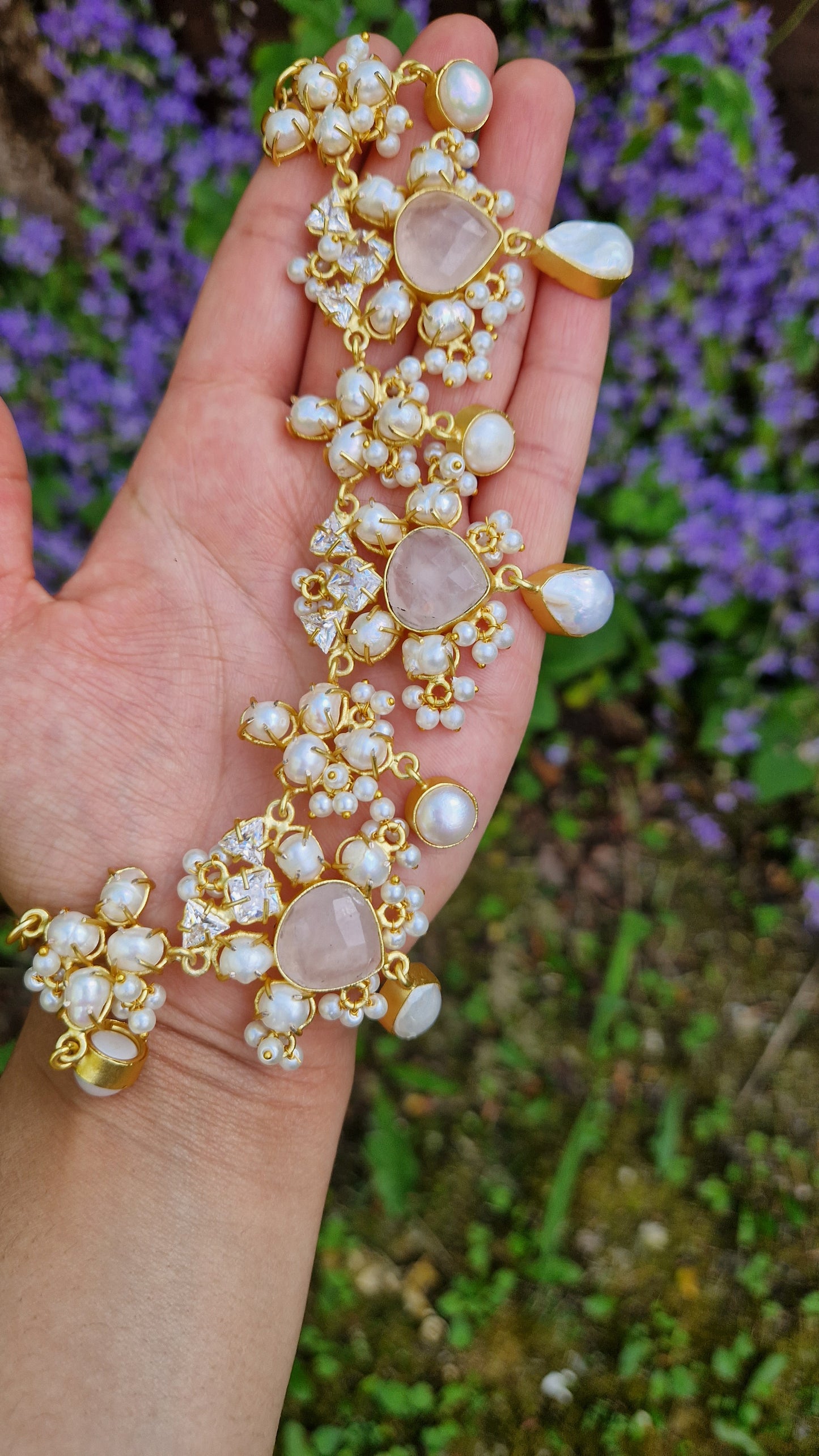 SABRIN- *Premium* Rose quartz & Fresh water pearl Necklace Set