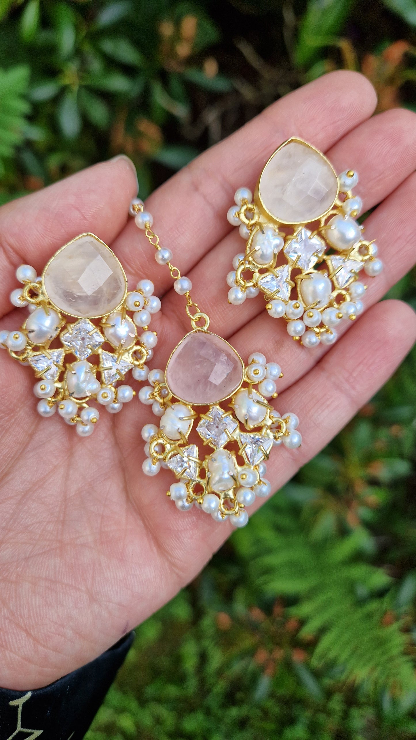 SABRIN- *Premium* Rose quartz & Fresh water pearl Necklace Set