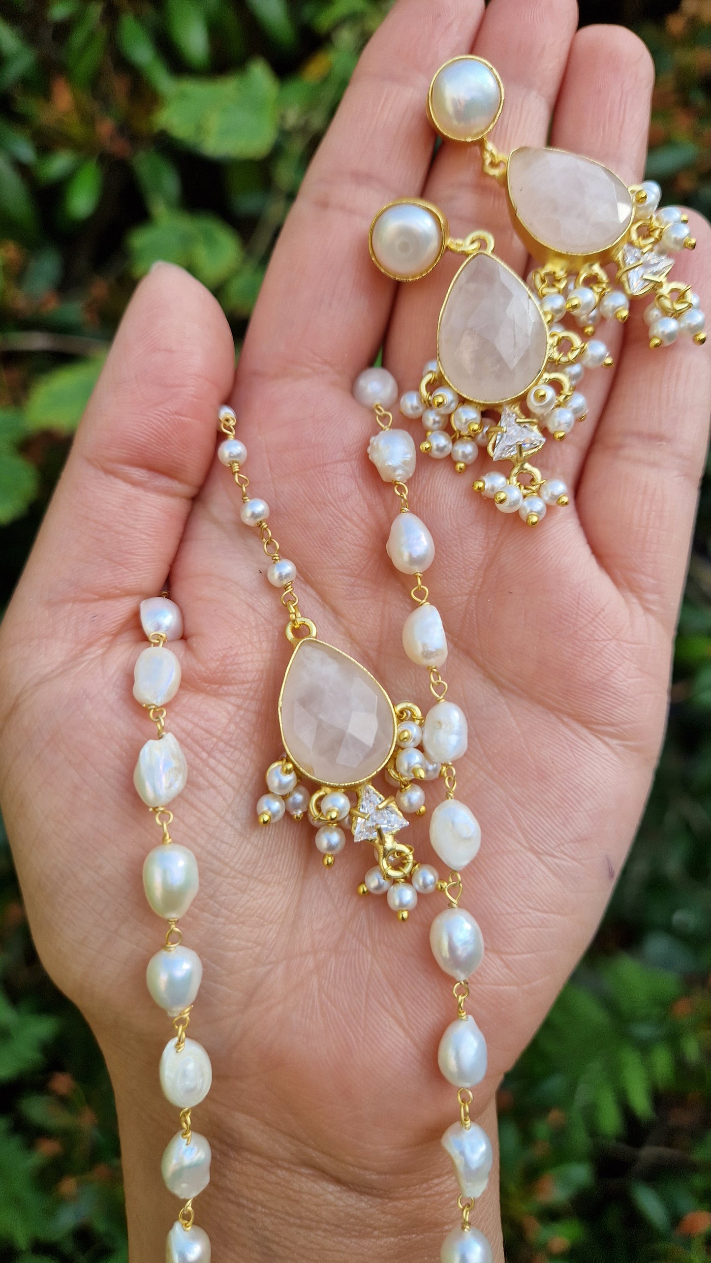SHAFIA *Premium* Small Elegant Full Fresh Water Pearls & Rose Quartz Mala Set