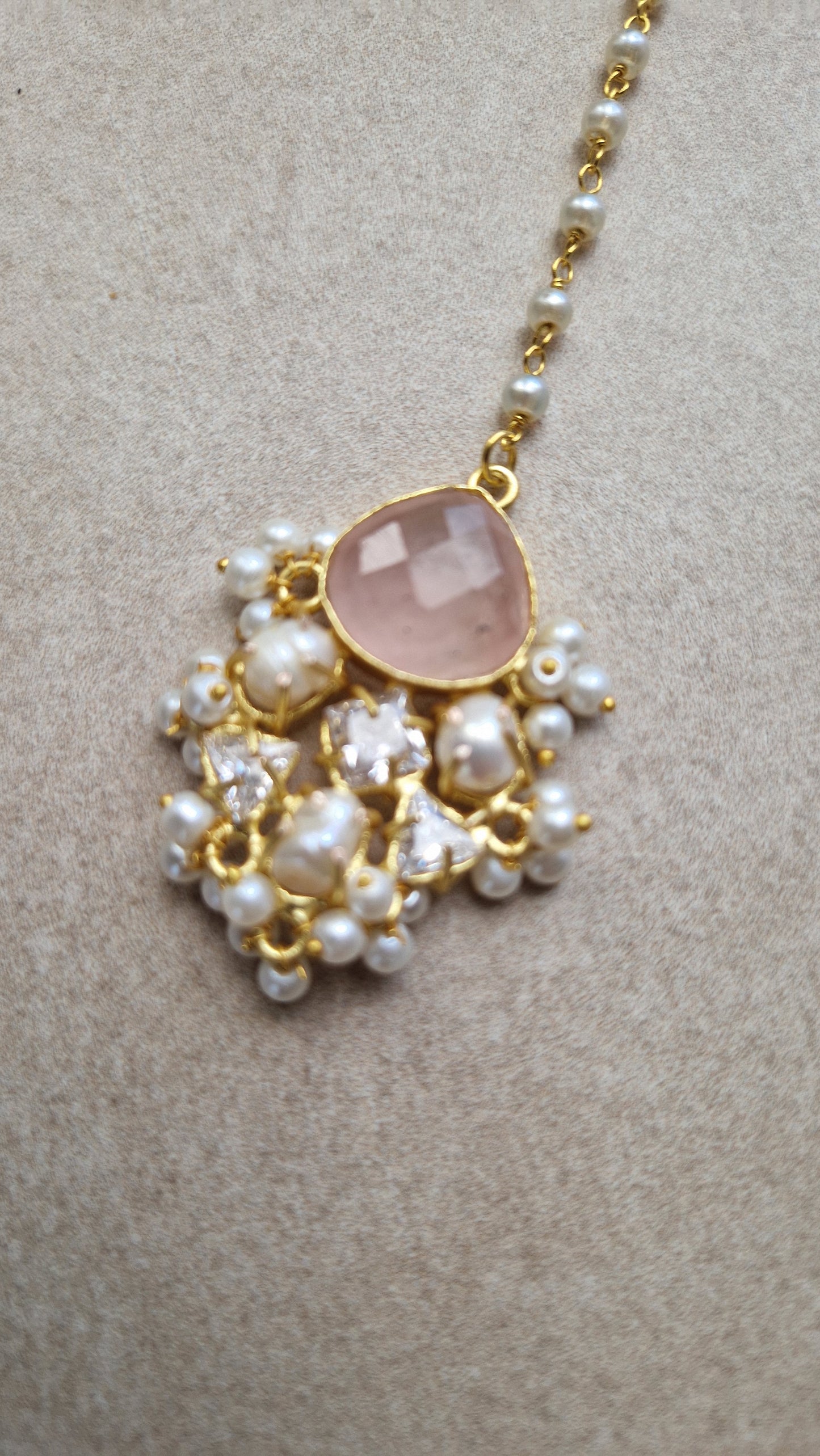 SABRIN- *Premium* Rose quartz & Fresh water pearl Necklace Set
