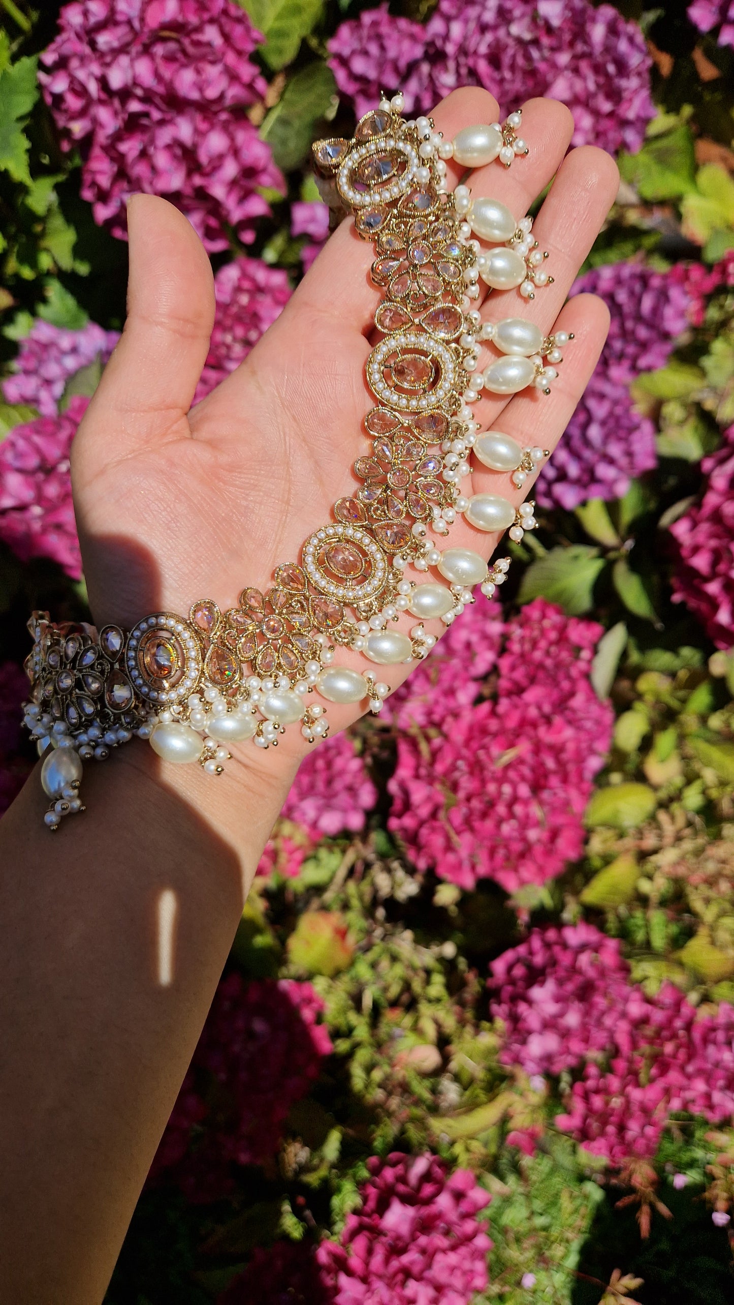SHALINA- Beautiful Indian Reverse AD Jewellery Set - Pearl & Gold