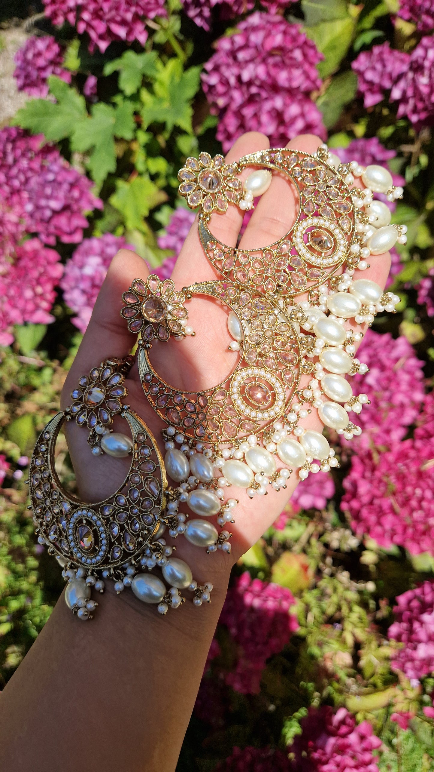 SHALINA- Beautiful Indian Reverse AD Jewellery Set - Pearl & Gold