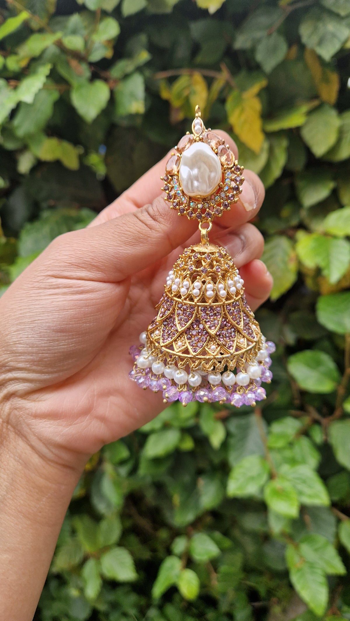 AISHA - Beautiful Elegant Pakistani Jhumkas faux pearl - LILAC