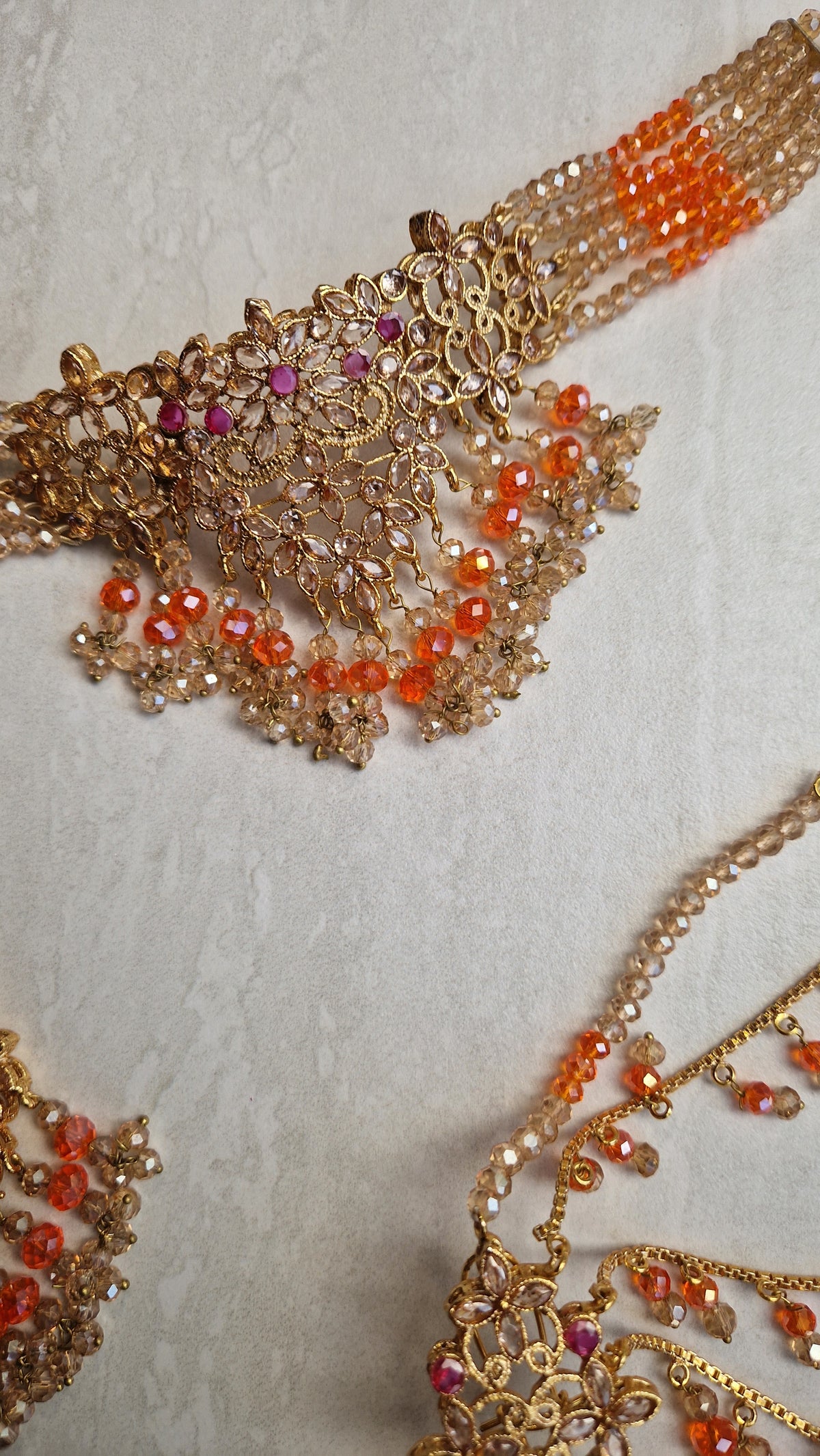 NAZIA- Stunning Pakistani Choker Set - Orange and Gold