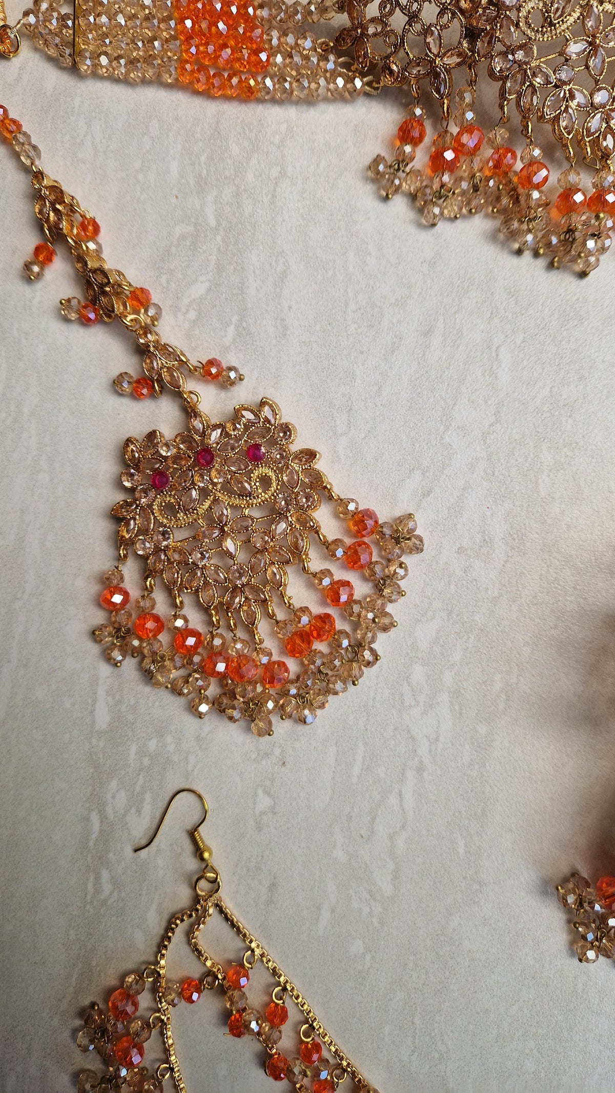NAZIA- Stunning Pakistani Choker Set - Orange and Gold