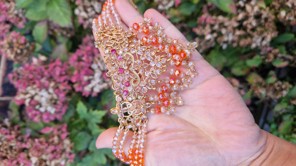 NAZIA- Stunning Pakistani Choker Set - Orange and Gold