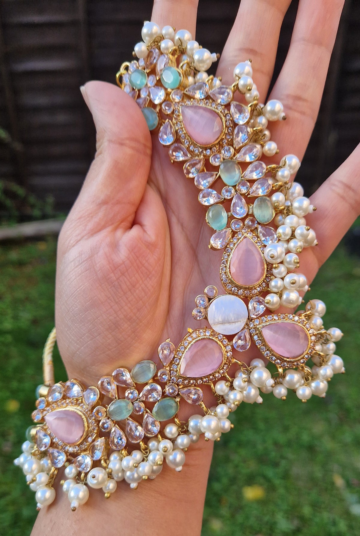 MYRA - Beautiful Pakistani Pearl inspired set - PINK & GREEN Pearl.