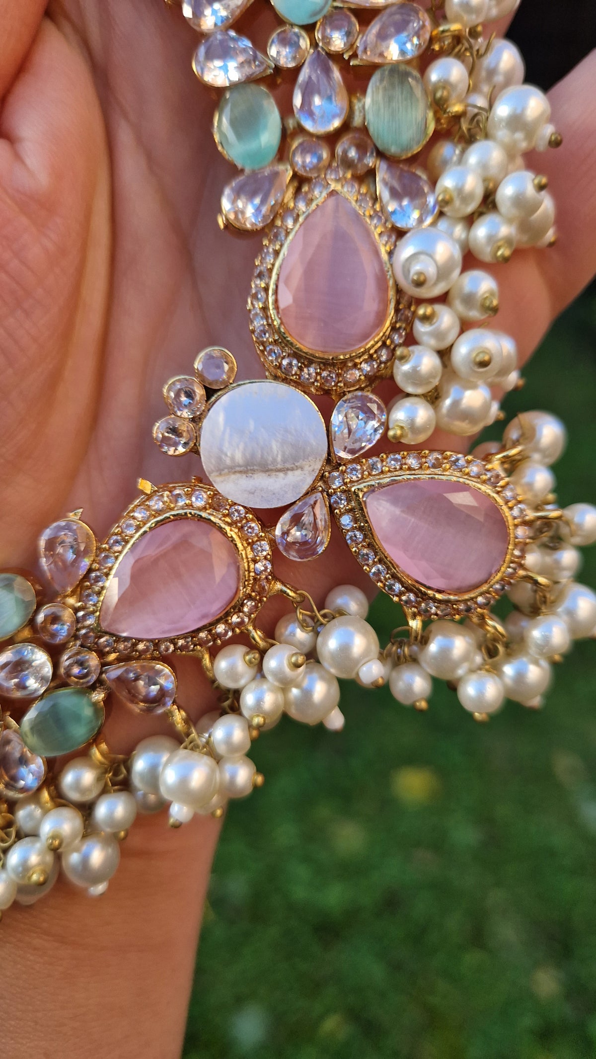 MYRA - Beautiful Pakistani Pearl inspired set - PINK & GREEN Pearl.
