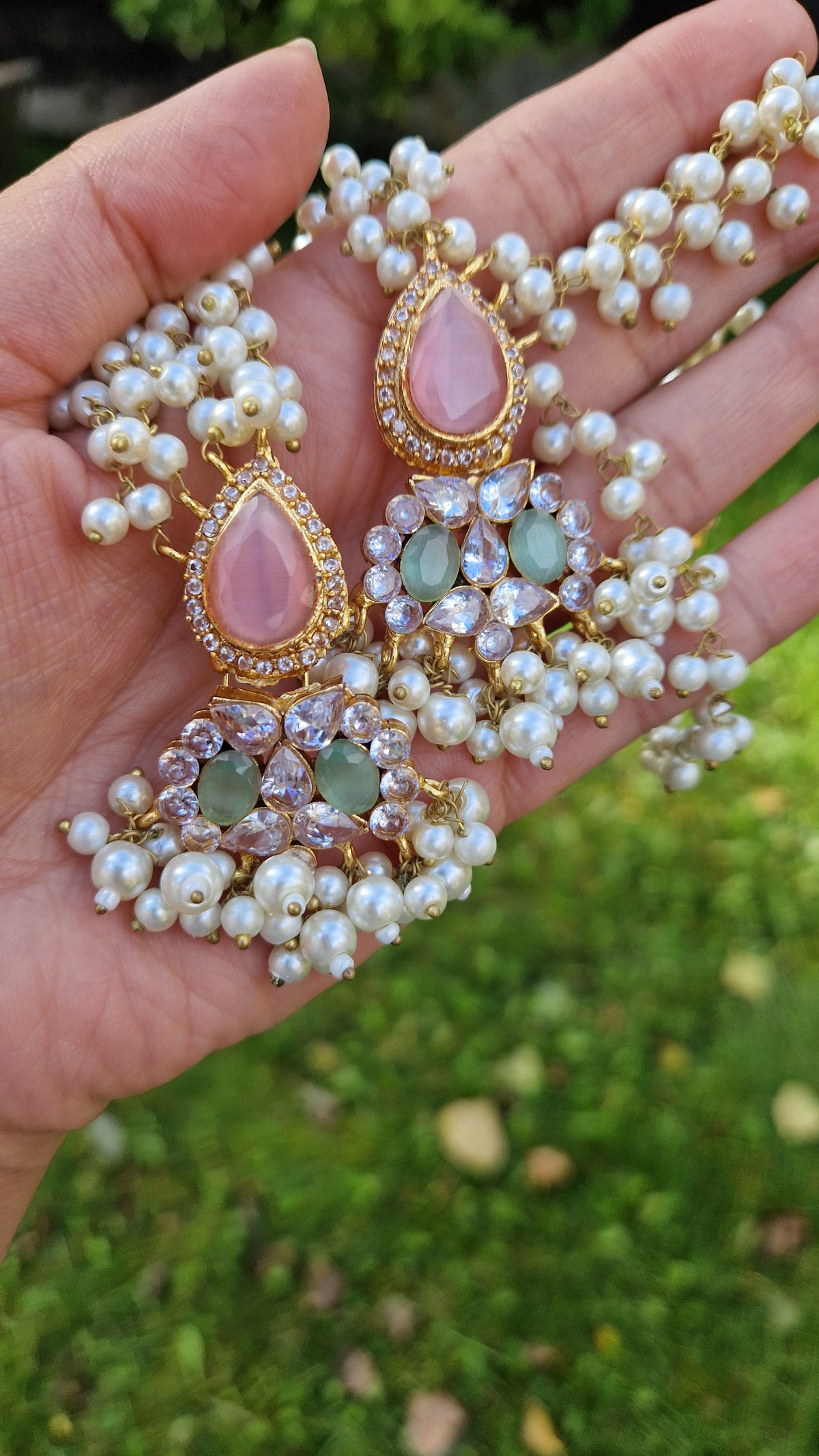 MYRA - Beautiful Pakistani Pearl inspired set - PINK & GREEN Pearl.