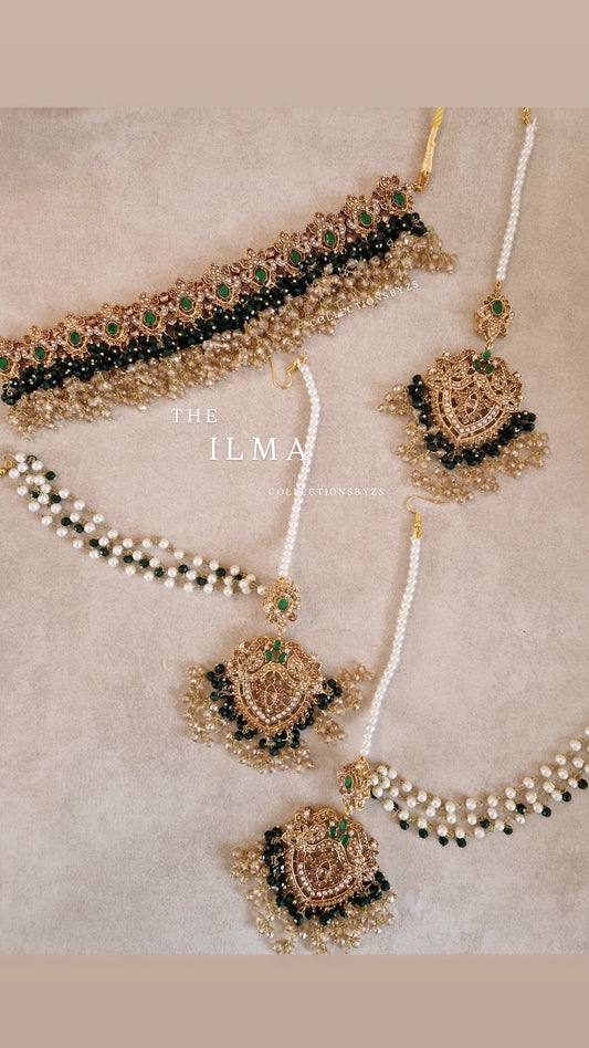 ILMA - Luxurious Pakistani Choker Set -  DARK GREEN AND GOLD