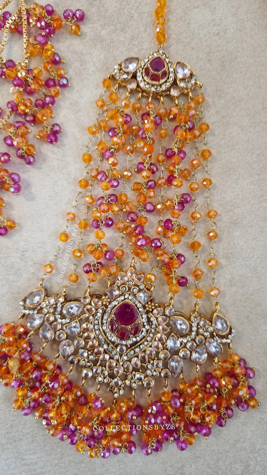 JAAN  -  Luxury Pakistani Intricate Earrings with Sahara's, Tikka, Jhumar Set- PINK & ORANGE