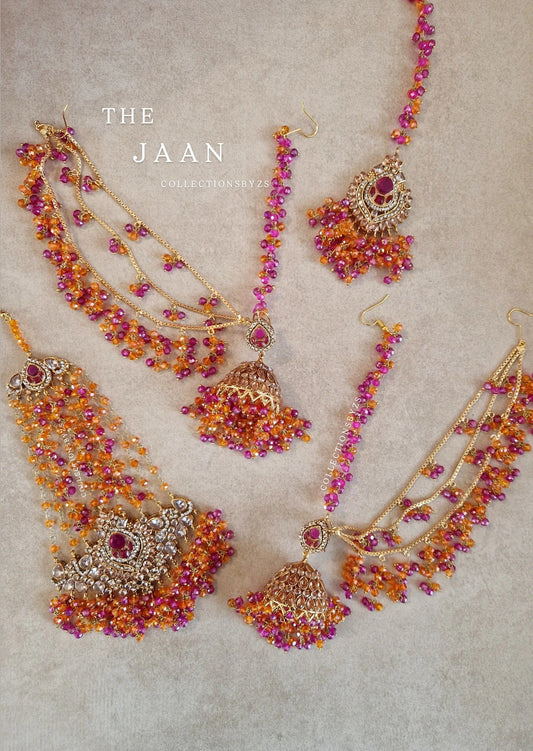 JAAN  -  Luxury Pakistani Intricate Earrings with Sahara's, Tikka, Jhumar Set- PINK & ORANGE